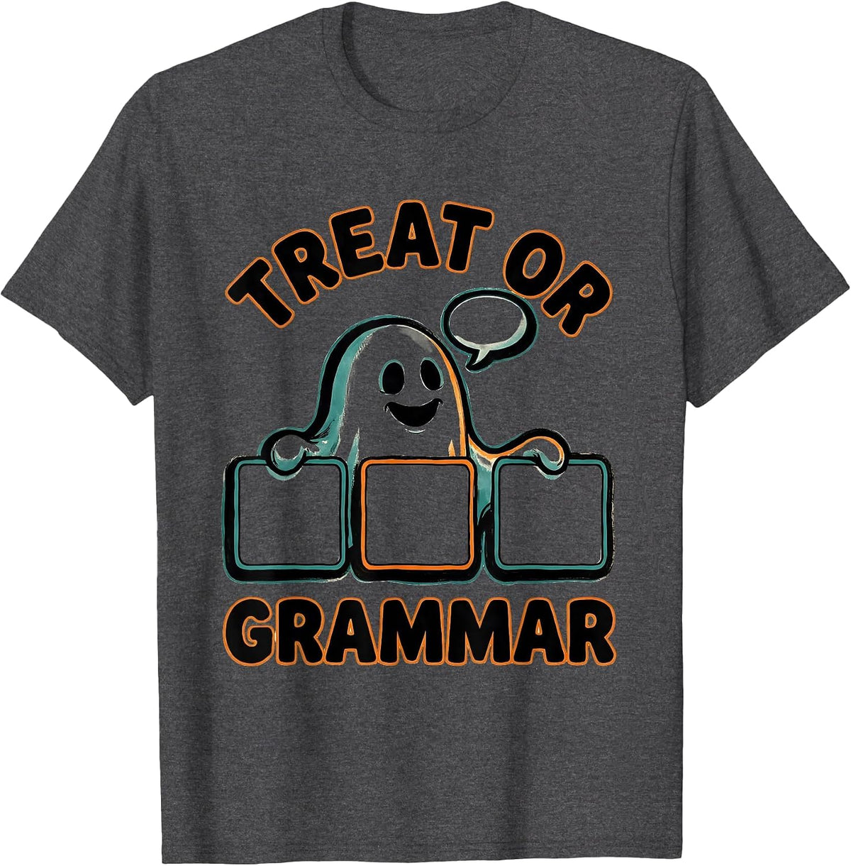 Men's Treat Or Grammar Cartoon Ghost Halloween SLP Teacher T-Shirt - Dark Heather Grey