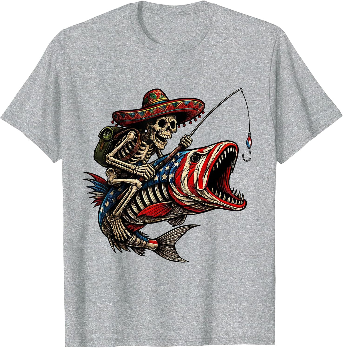 Fishing Mexican Sombrero Bass Fish Skull Skeleton Fisherman T-Shirt - Heather Grey
