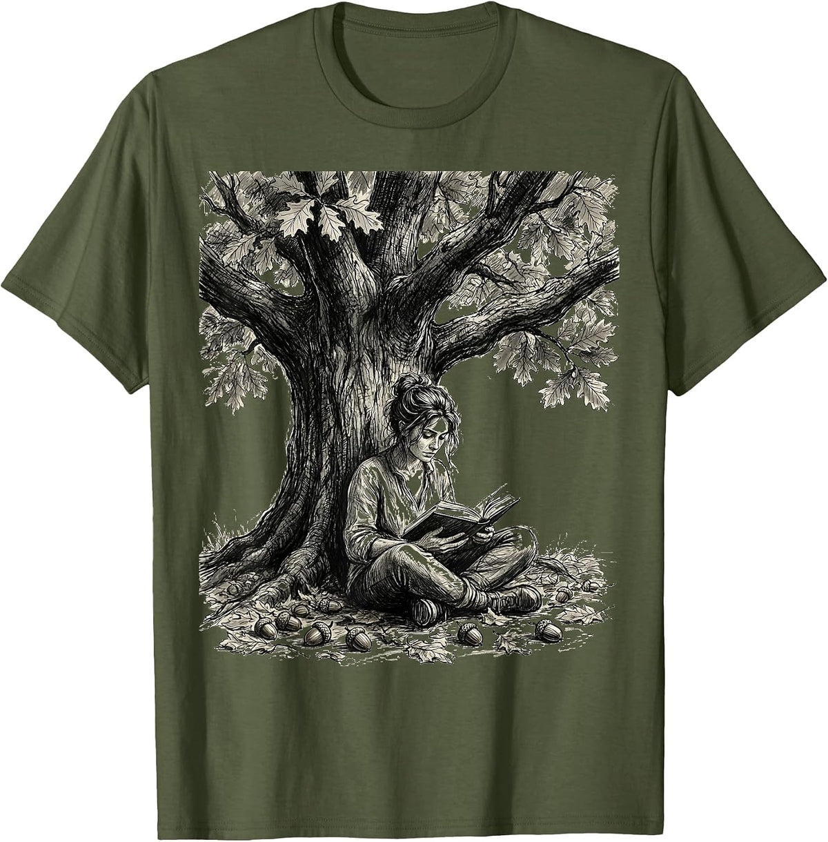 Reading Under the Oak Tree Book Lover Design T-Shirt - Olive Green