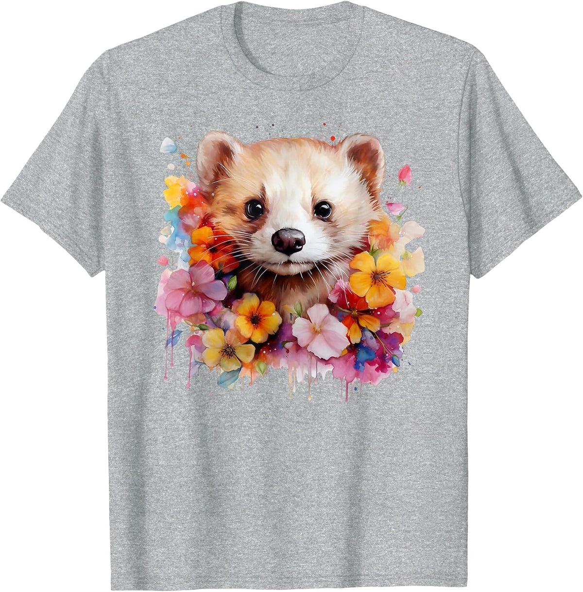 Pet Ferret Watercolor Flowers Ferret Mom T-Shirt - Heather Grey