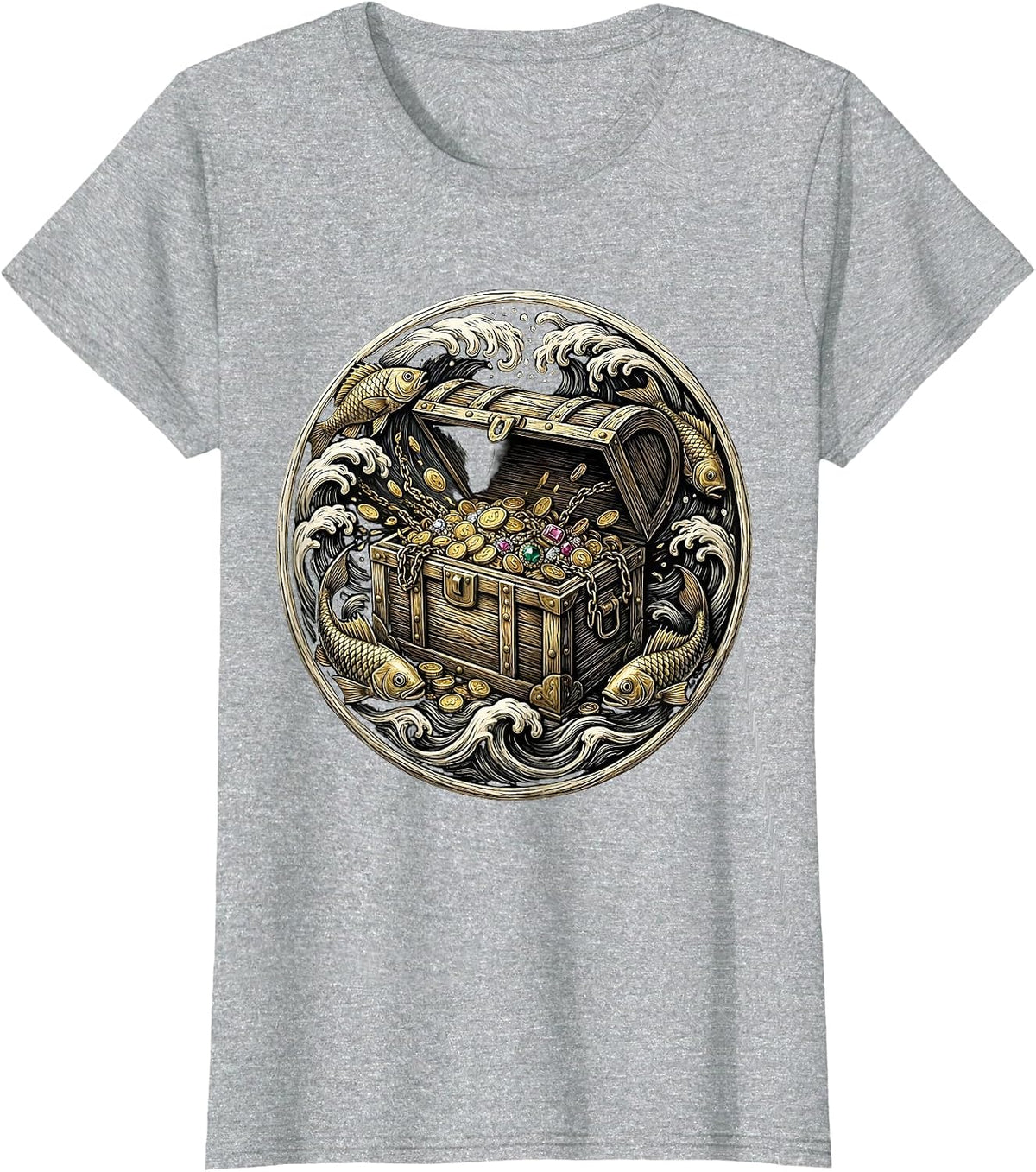 Underwater Treasure Chest Pirate Graphic Tee T-Shirt - Heather Grey