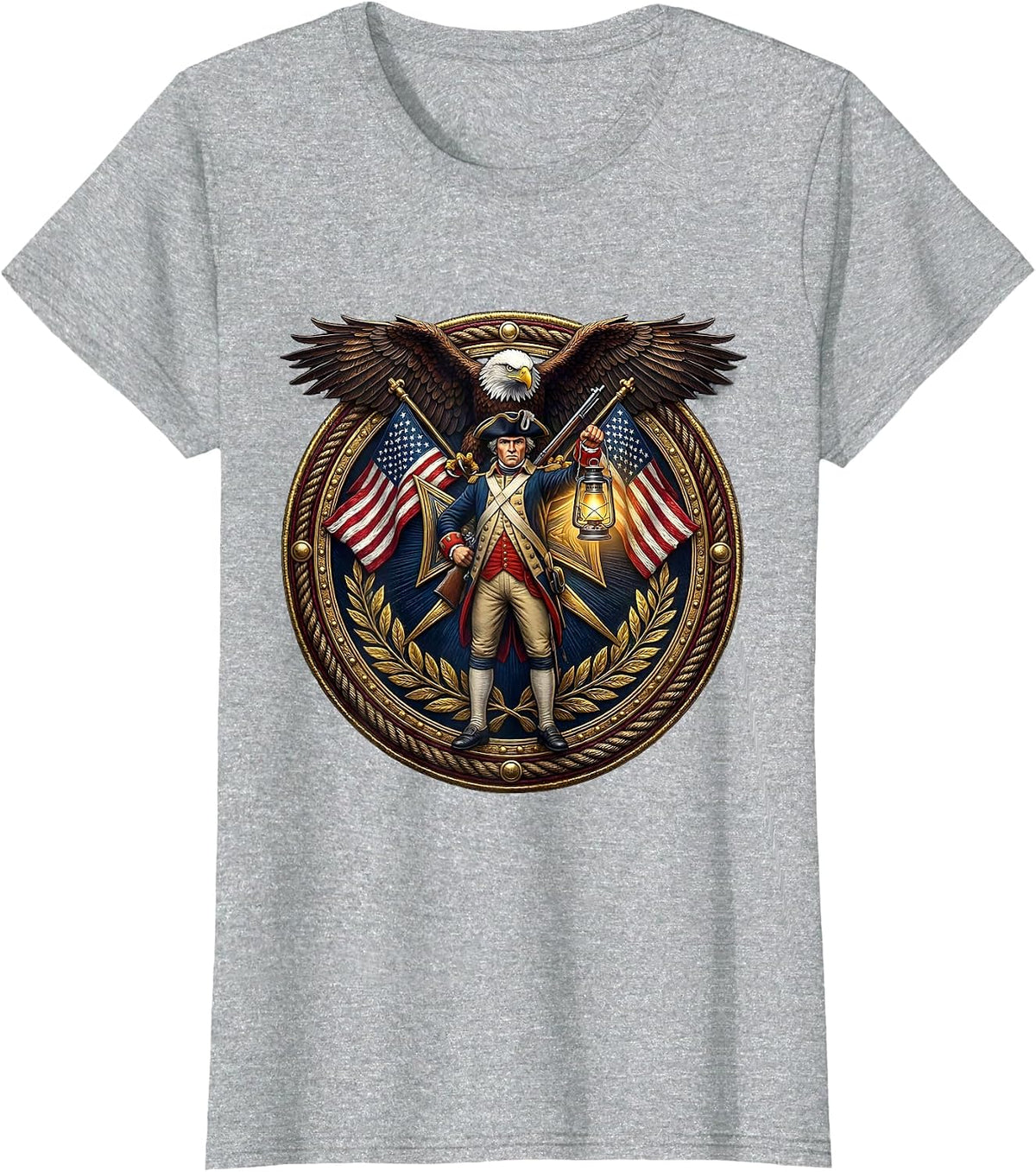 Colonial Minuteman Musket and Lantern Patriotic T-Shirt - Heather Grey