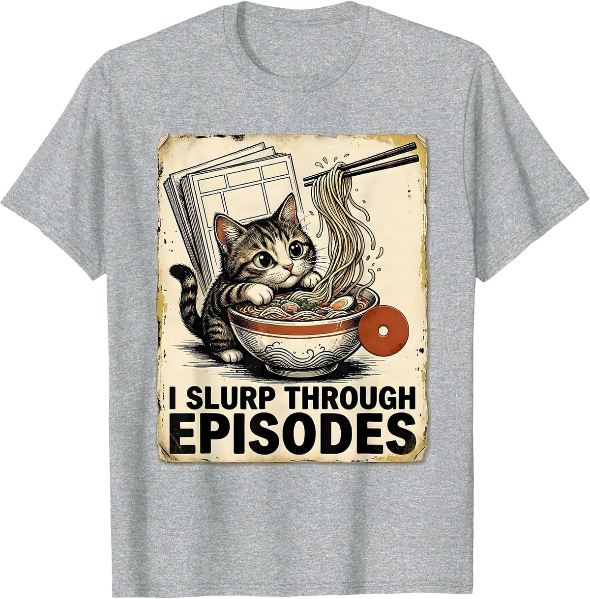 Men's I Slurp Through Episodes Distressed Kawaii Anime Cat Ramen T-Shirt - Heather Grey