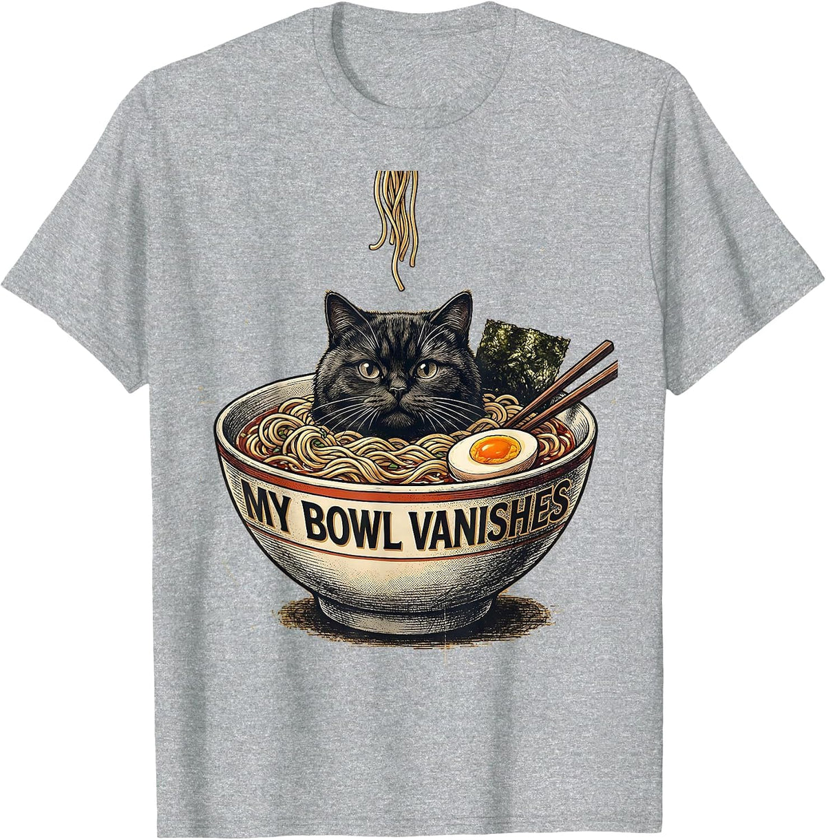 Men's My Bowl Vanishes Funny Cat Ramen Anime Art Kawaii Gift T-Shirt - Heather Grey