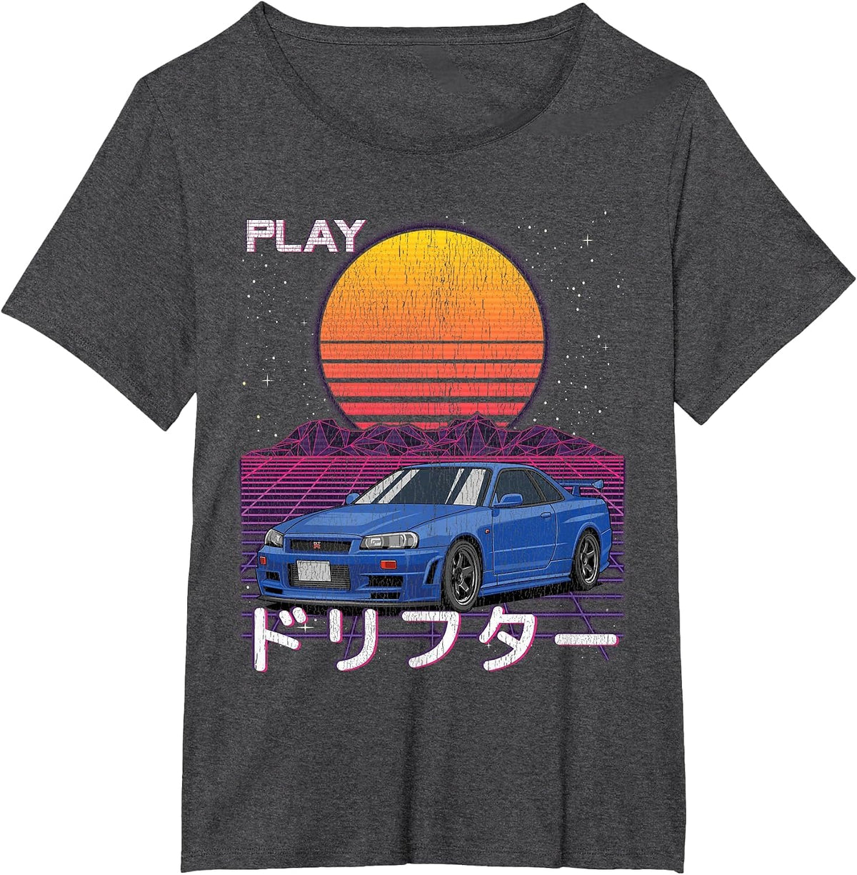 JDM Import Tuner Drift Car Street Racing Synthwave Aesthetic T-Shirt - Dark Heather Grey