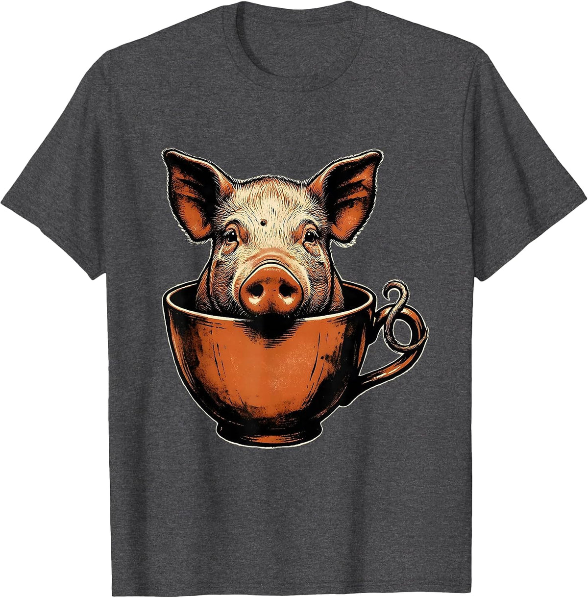 Pig In Teacup Rubber Stamp Funny Farm Animal Lover T-Shirt - Dark Heather Grey
