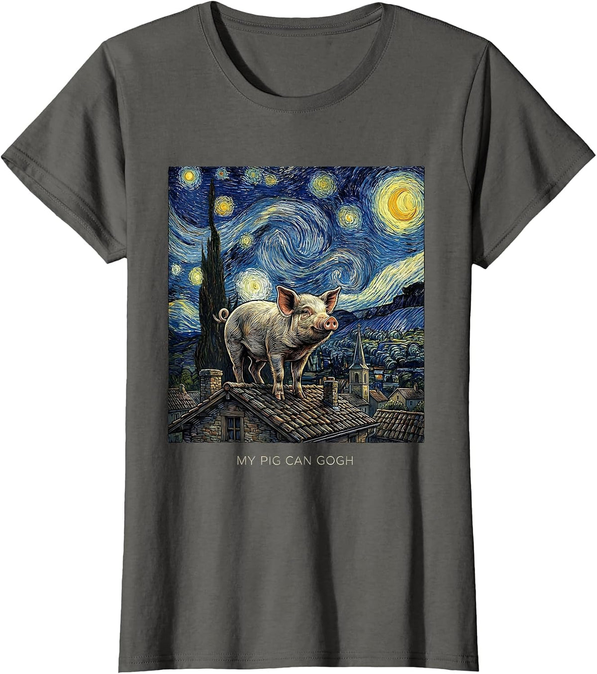 Women's My Pig Can Gogh Whimsical Art Parody Pig Lover Humor T-Shirt - Asphalt Grey