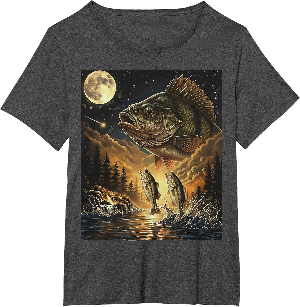 Fish Howling at the Moon Shirt Bass Fishing Art T-Shirt - Dark Heather Grey
