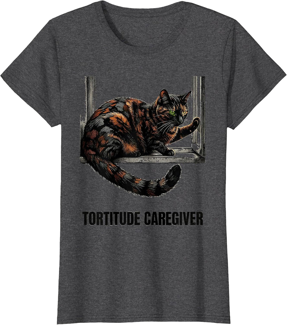 Women's Tortitude Caregiver Funny Tortie Cat Owner Tortoiseshell Cat T-Shirt - Dark Heather Grey