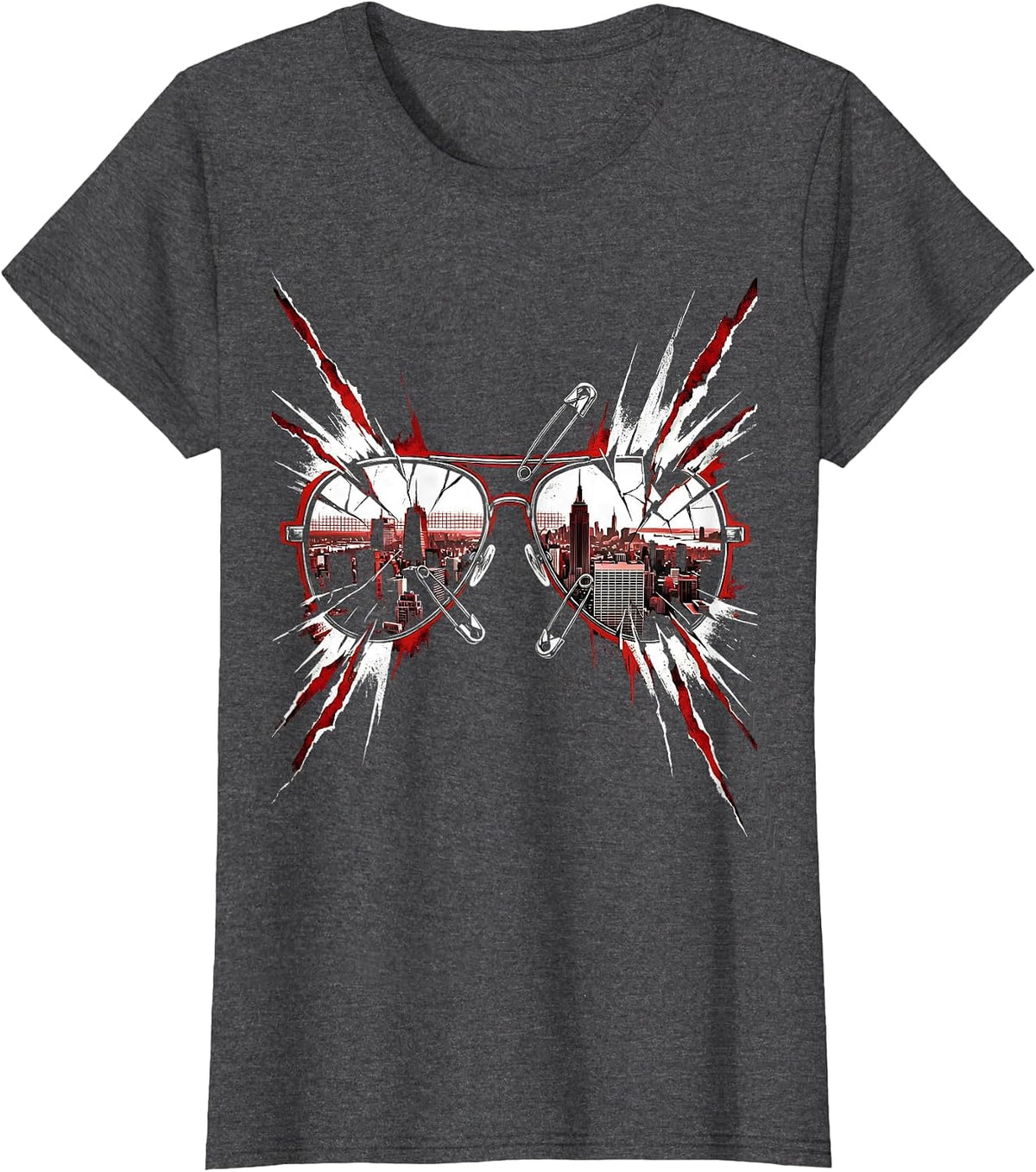Women's Retro Synthwave Cityscape Reflective Sunglasses T-Shirt - Dark Heather Grey