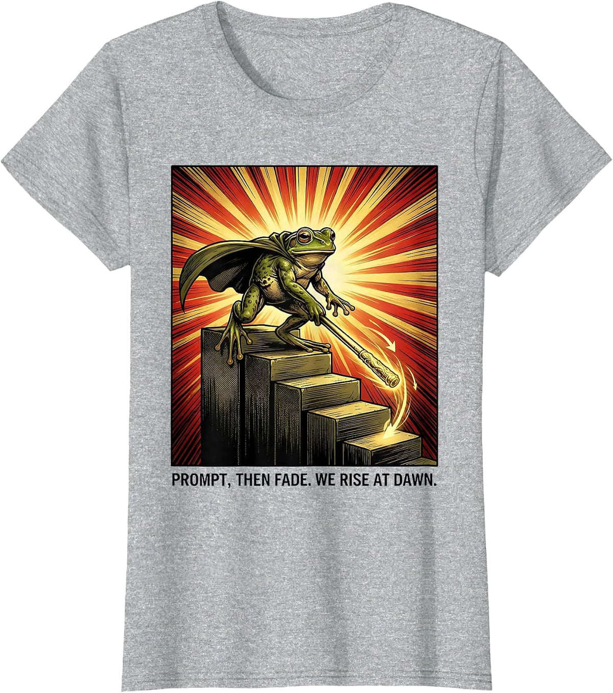 Women's Prompt, Then Fade. We Rise At Dawn Comic Book Frog Teacher T-Shirt - Heather Grey
