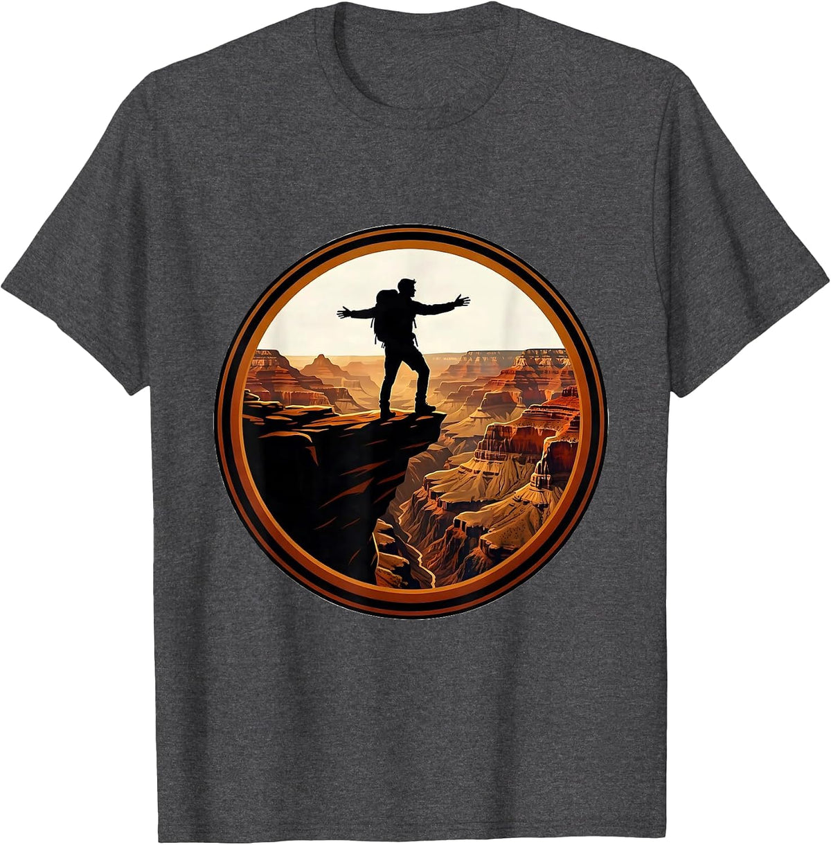 Grand Canyon Lone Hiker Canyon Rim Illustration T-Shirt - Dark Heather Grey