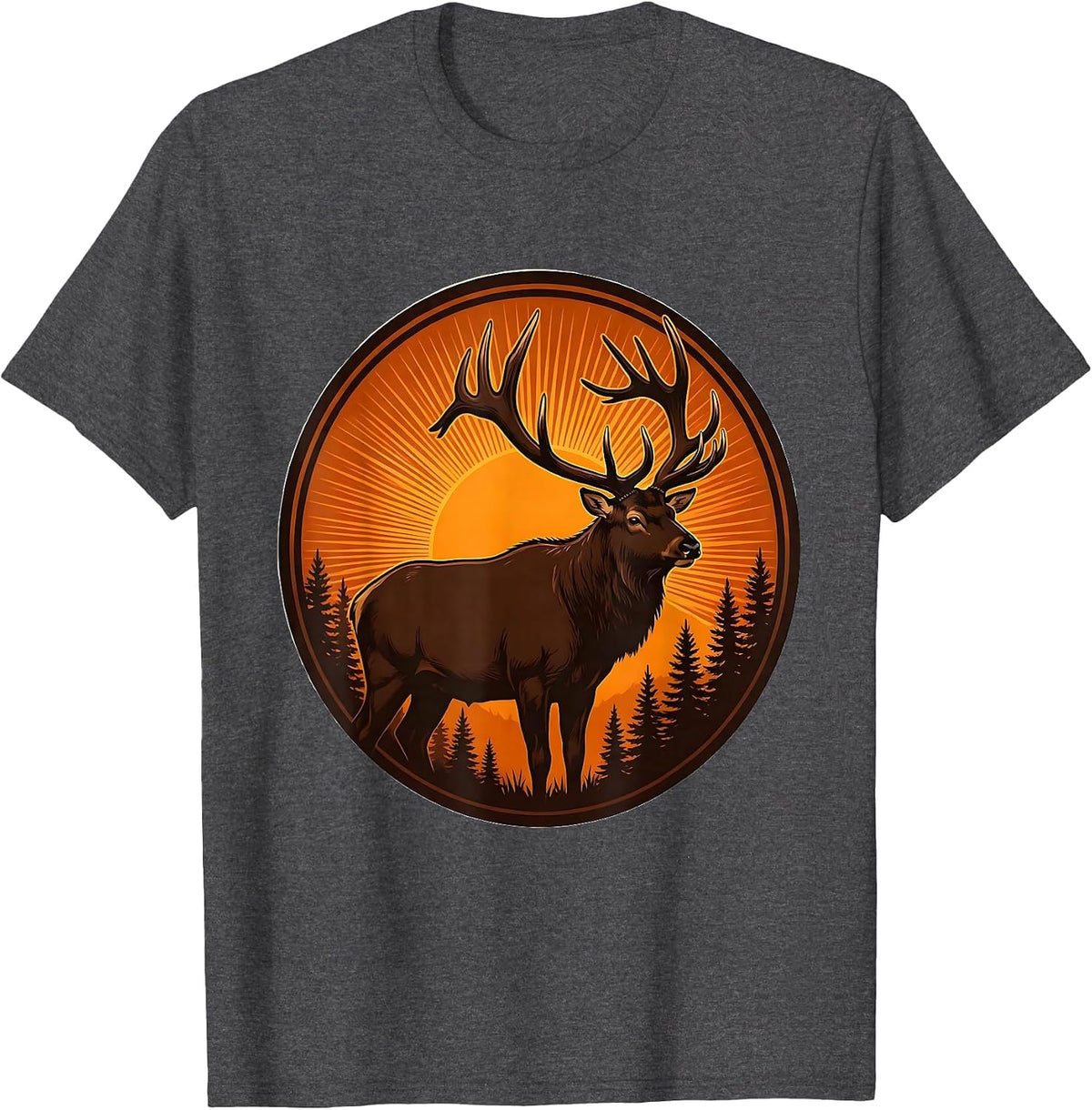 Men's Elk Silhouette Orange Sunset Fall Nature Design T-Shirt - Dark Heather Grey