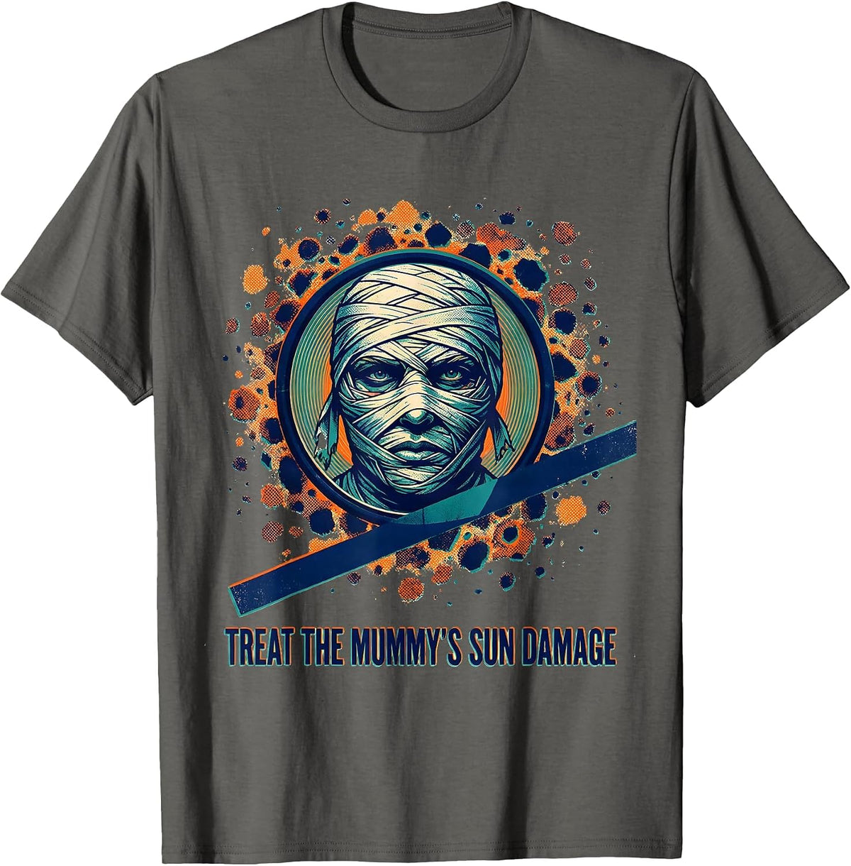 Men's Treat The Mummy's Sun Damage Risograph Halloween Dermatology T-Shirt - Asphalt Grey