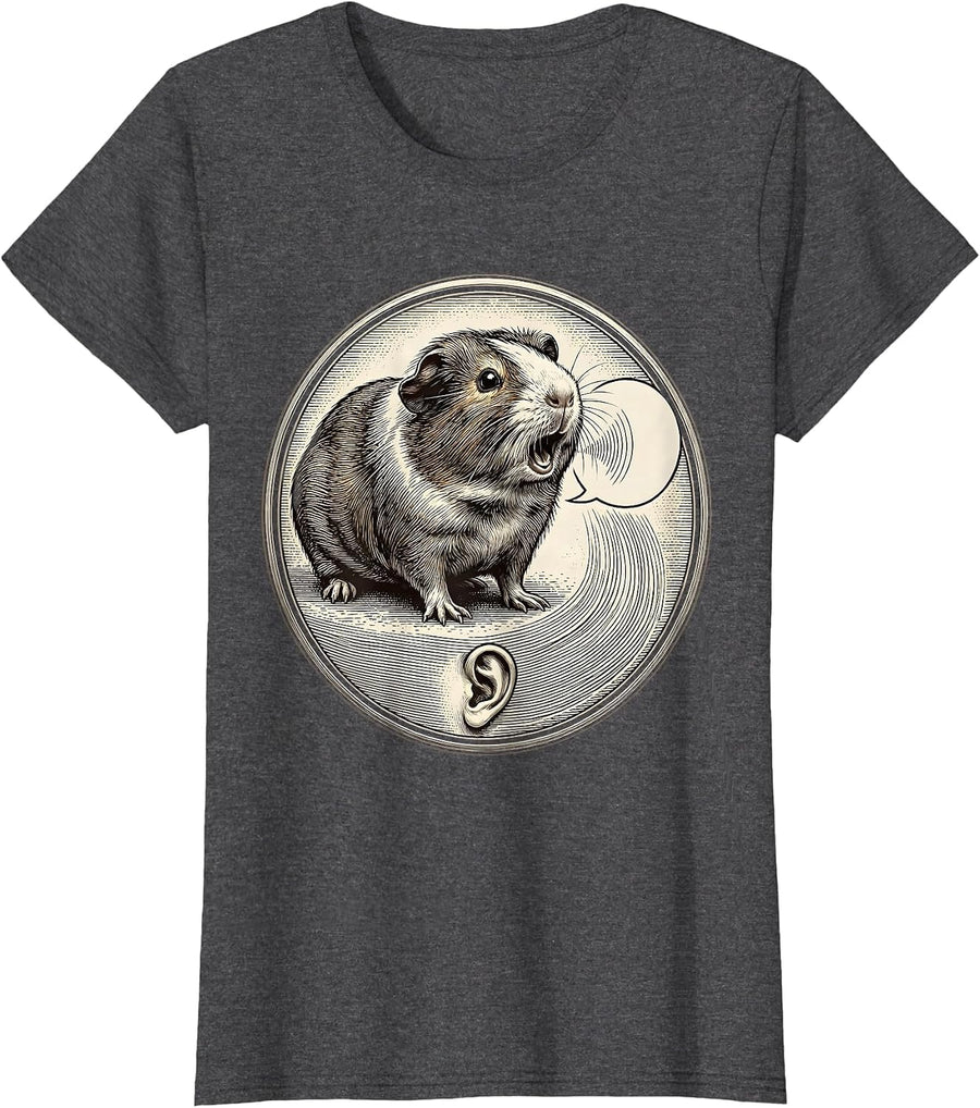 Women's Sealed Guinea Pig Badge Crosshatch Etching Pet Lover Humor T-Shirt - Dark Heather Grey