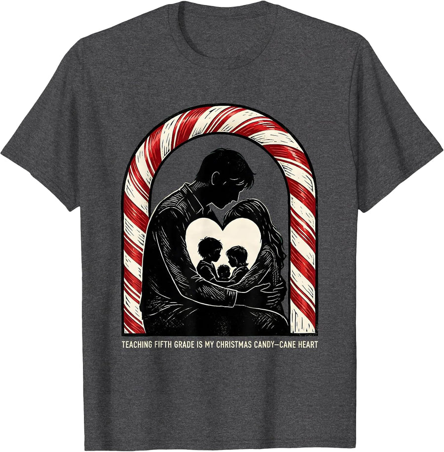 Men's Teaching Fifth Grade Is My Christmas Candy-Cane Heart T-Shirt - Dark Heather Grey