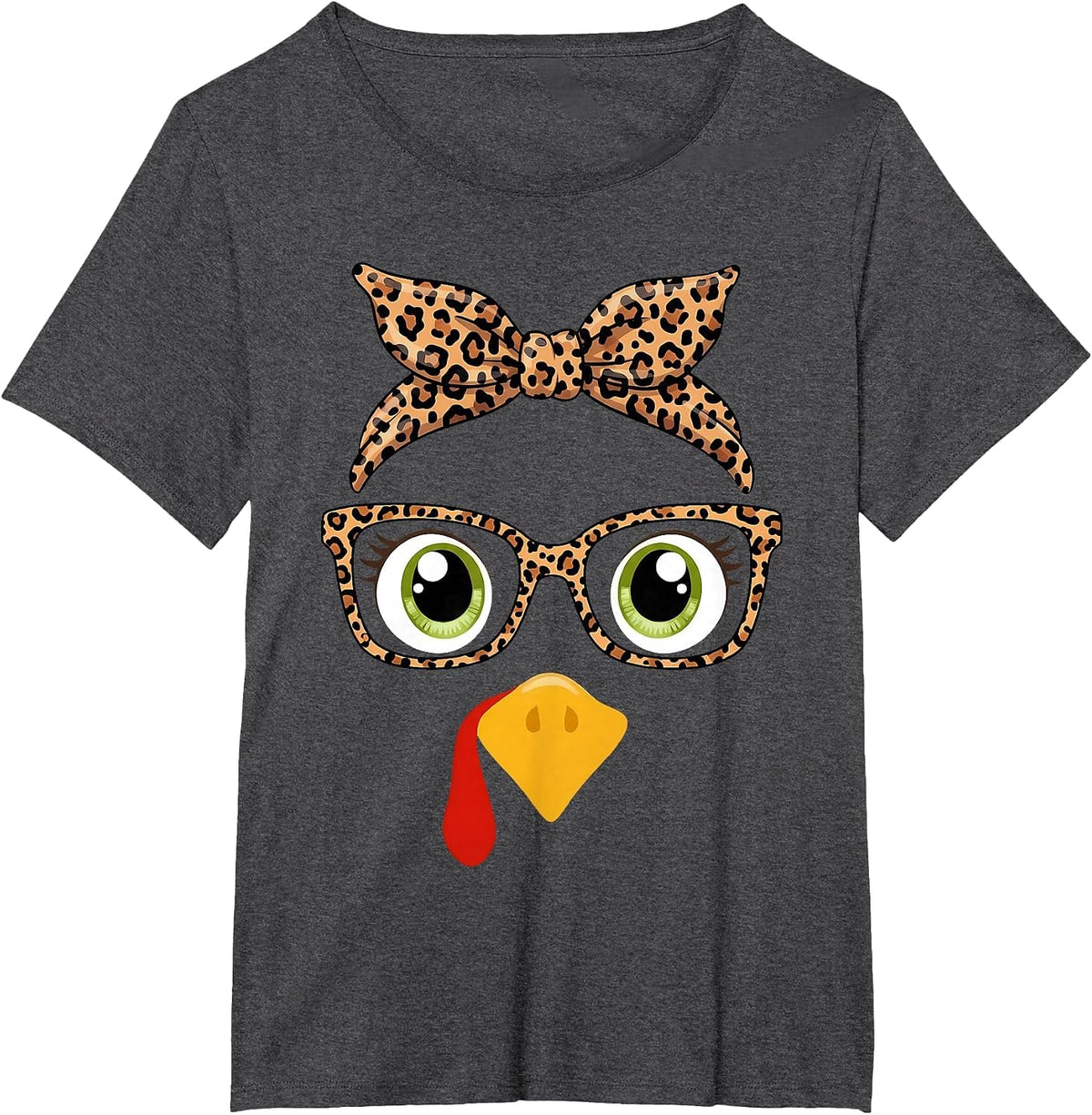 Turkey Face Girl Leopard Bow Headband Glasses Thanksgiving T-Shirt - Dark Heather Grey