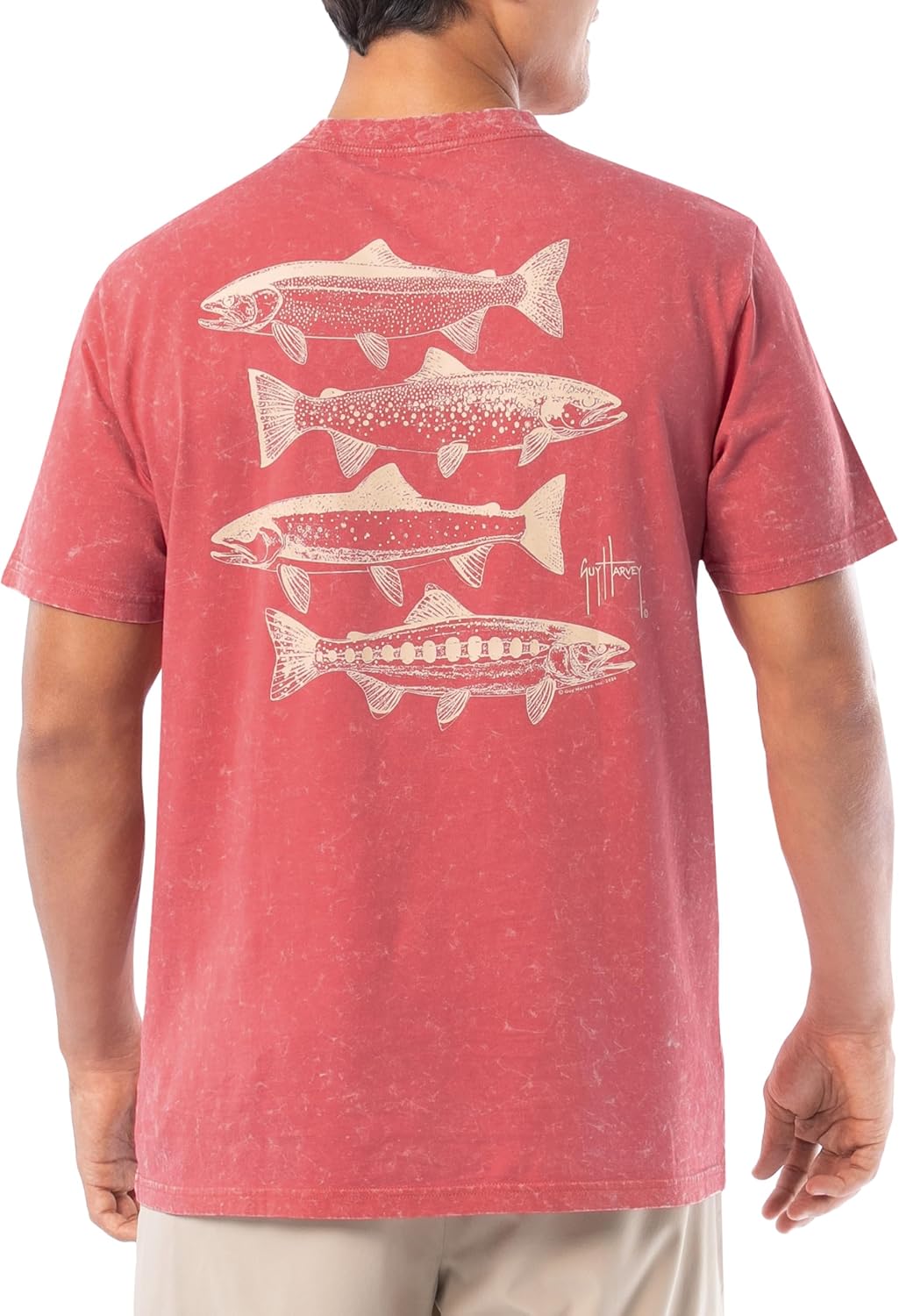 Guy Harvey Men’s Short Sleeve Coastal Wash Cotton Graphic Pocket T-Shirt - Mineral Red\/River Collage