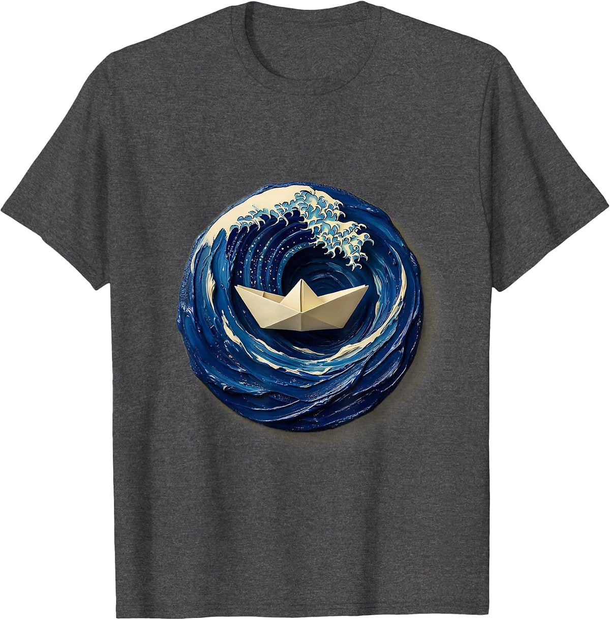 Men's Small Boat vs Massive Waves Nautical Art T-Shirt - Dark Heather Grey