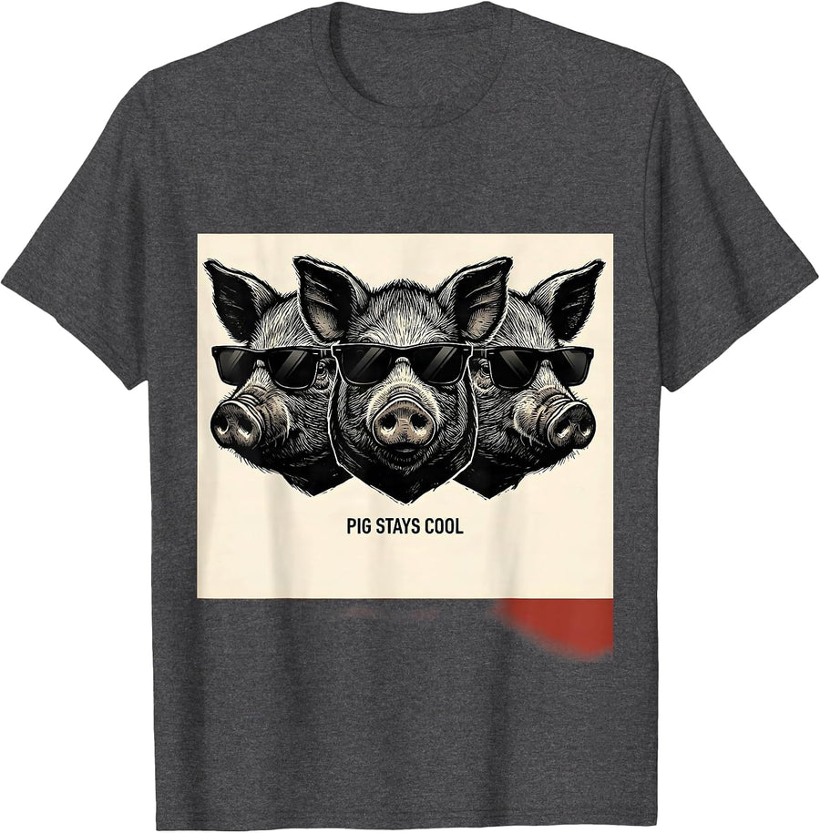 Men's Pig Stays Cool Linocut Funny Pig Lover Animal Humor T-Shirt - Dark Heather Grey