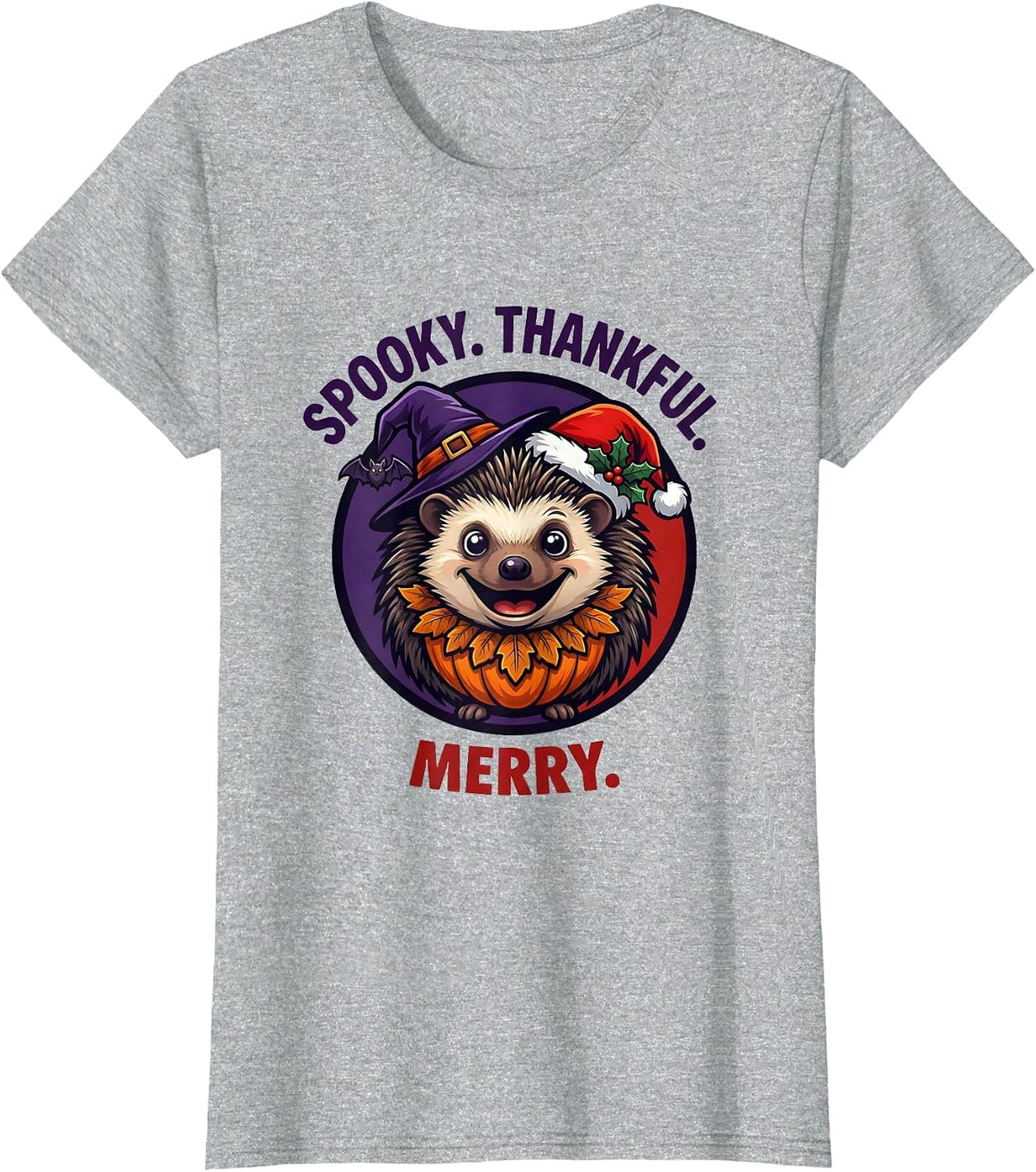 Women's Spooky Thankful Merry Mascot Logo Tri Holiday Halloween T-Shirt - Heather Grey