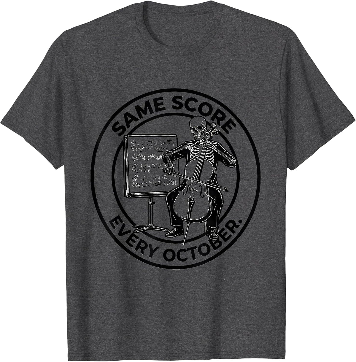 Same Score, Every October Whimsical Music Teacher Halloween T-Shirt - Dark Heather Grey