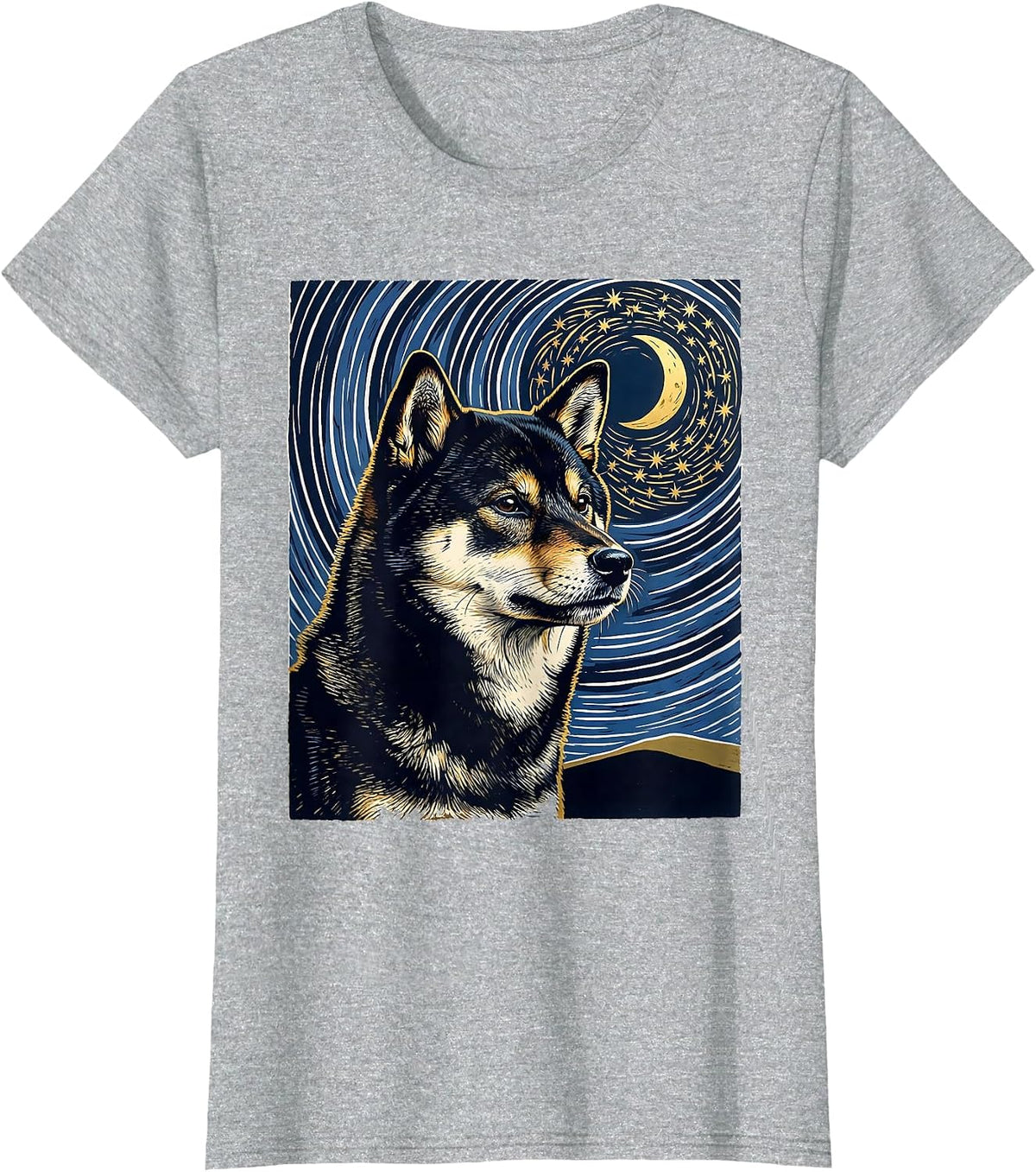 Shiba Inu Van Gogh Style Starry Night Portrait T-Shirt - Heather Grey