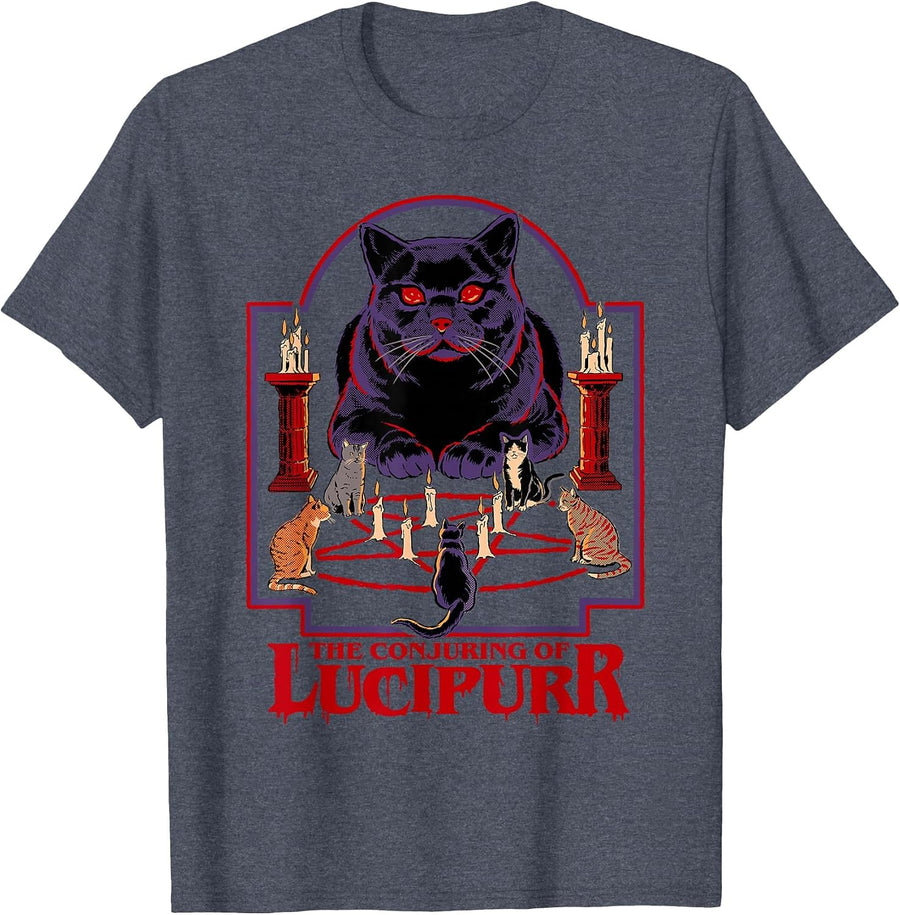 Lucipurr Cat Conjuring Sarcastic Retro Funny Adult Humor T-Shirt - Heather Blue