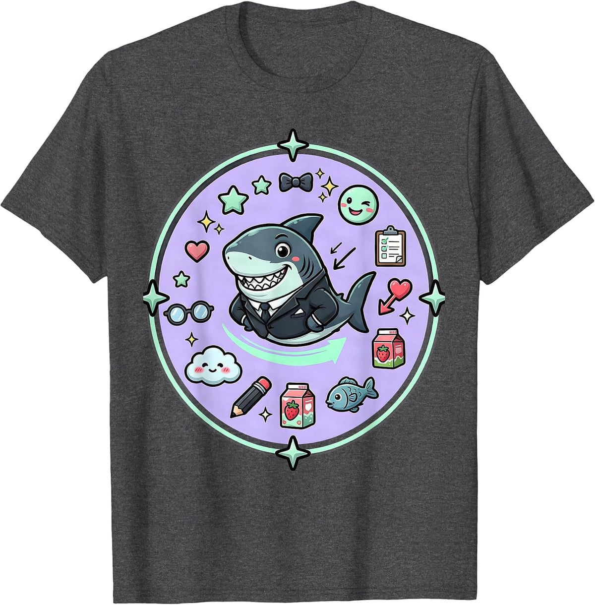 Men's Charming Shark in a Blazer Illustration T-Shirt - Dark Heather Grey