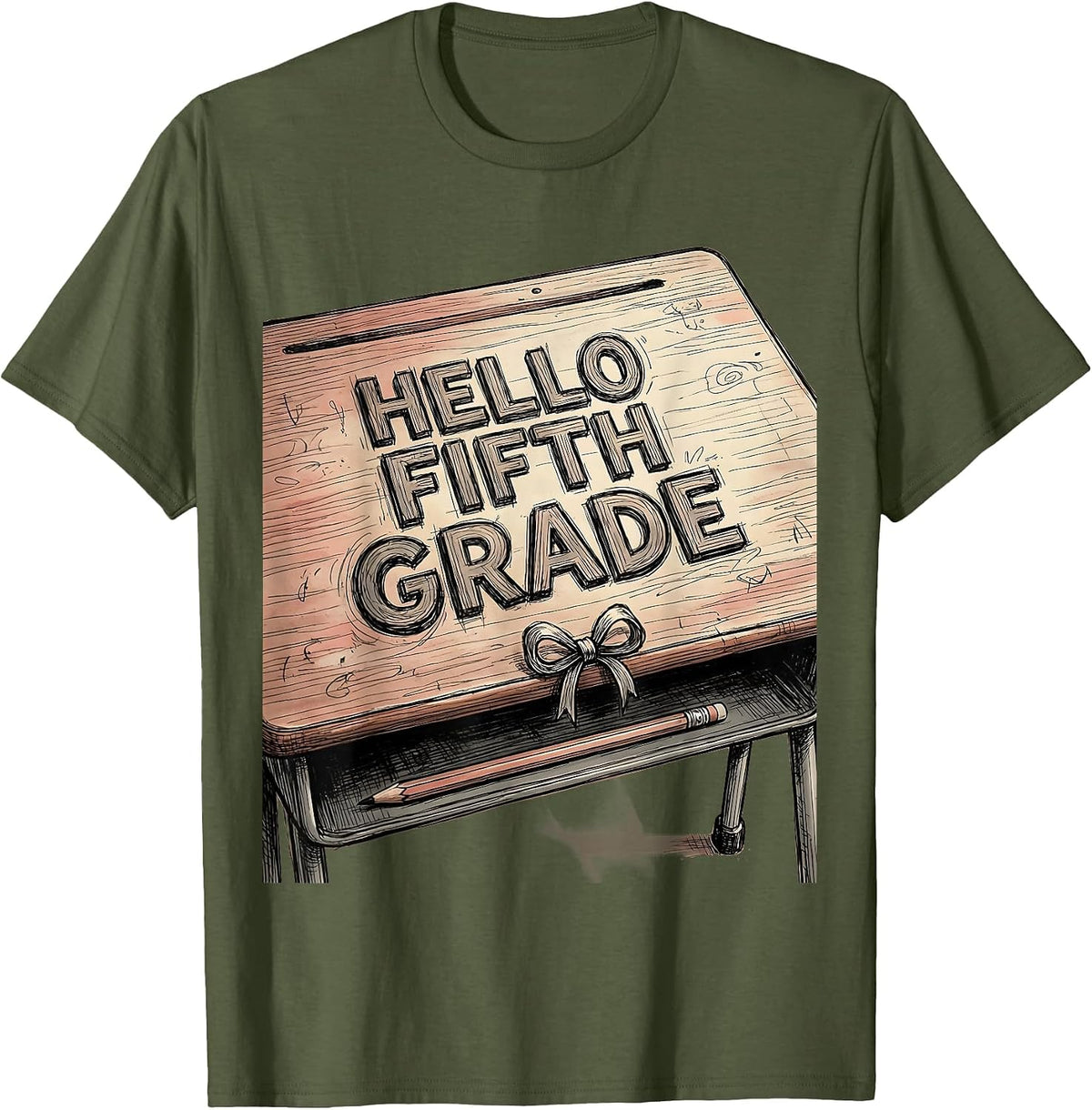 Hello Fifth Grade Cute Coquette Bow Back to School T-Shirt - Olive Green