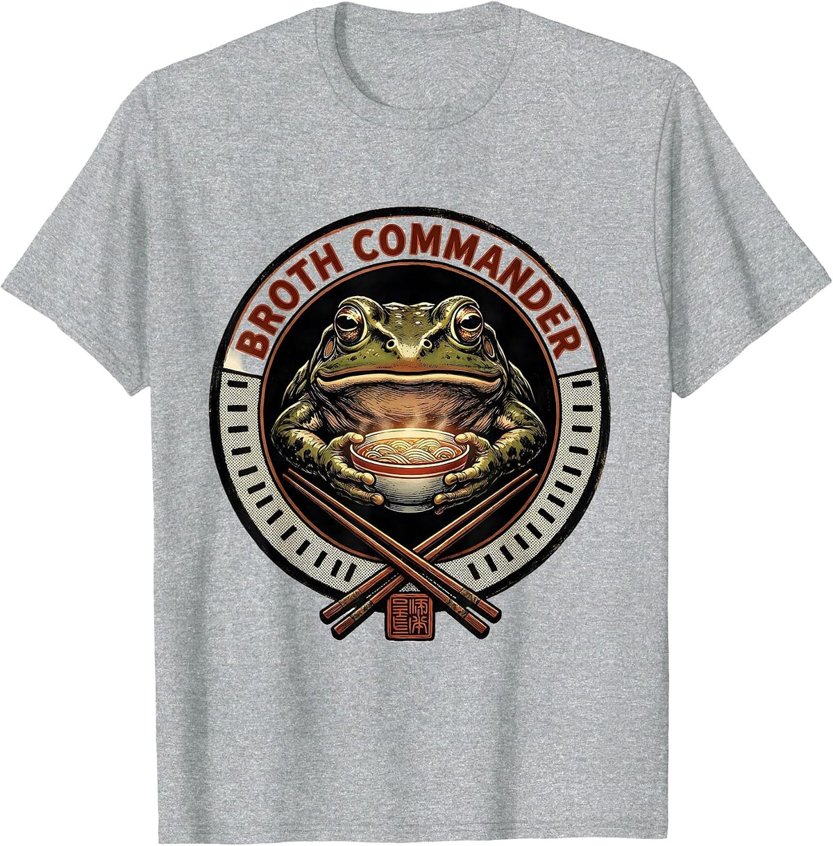 Men's Broth Commander Grumpy Frog Ukiyo-e Ramen Humor Anime Art T-Shirt - Heather Grey