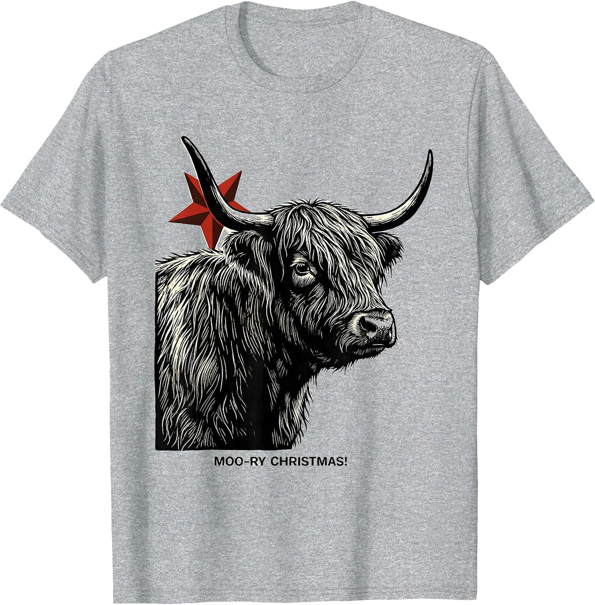 Men's Moo-ry Christmas! Linocut Highland Cow Seasonal Holiday T-Shirt - Heather Grey