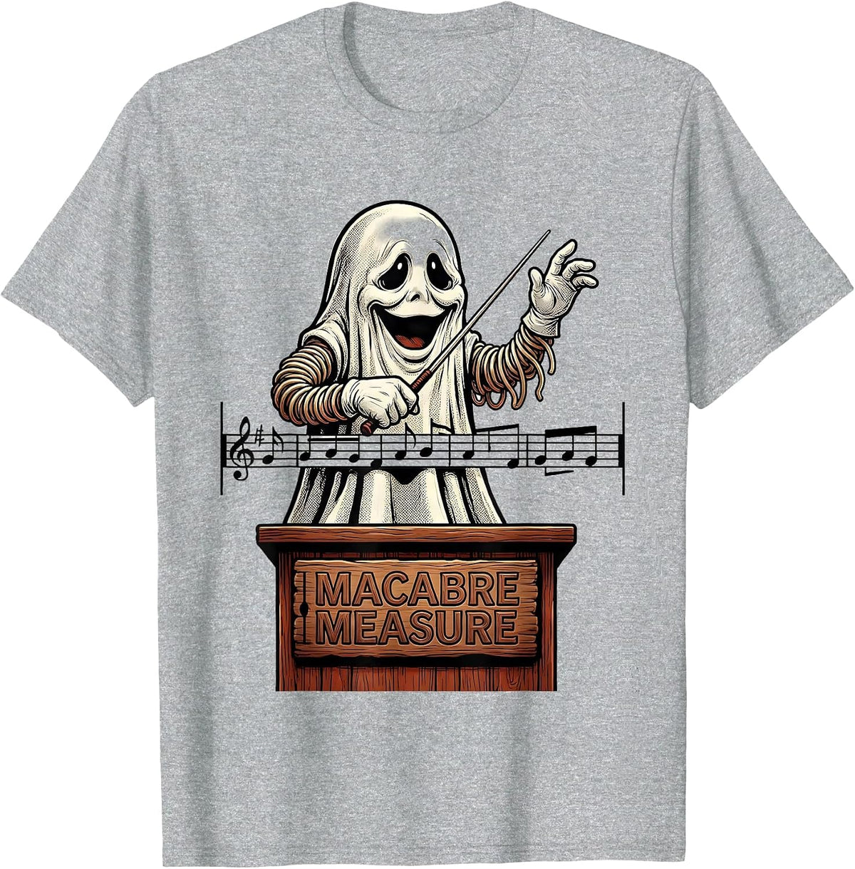 Men's Macabre Measure Retro Cartoon Ghost Music Teacher Halloween T-Shirt - Heather Grey
