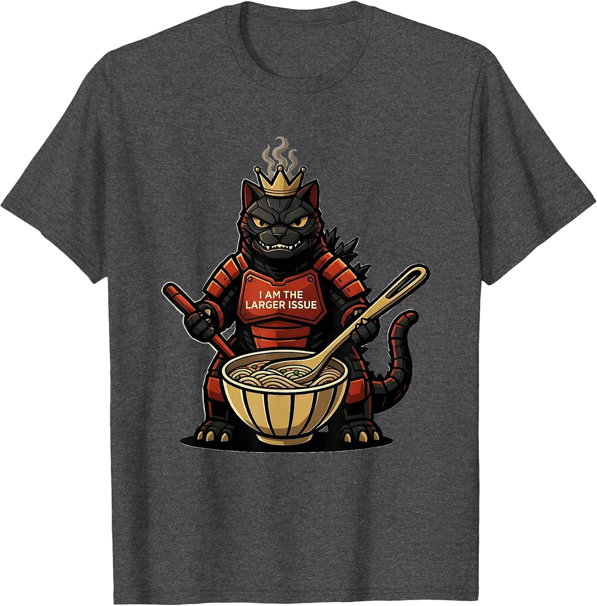 Men's I Am The Larger Issue Funny Kaiju Cat Ramen Samurai Art T-Shirt - Dark Heather Grey