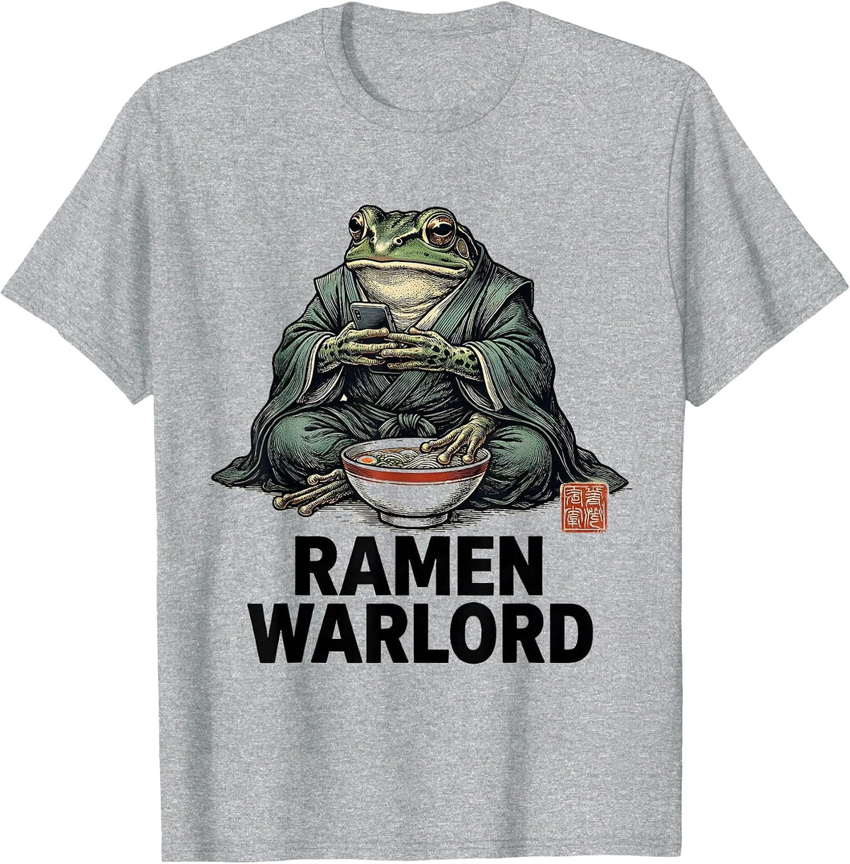Men's Ramen Warlord Grumpy Frog Japanese Art Anime Meme T-Shirt - Heather Grey