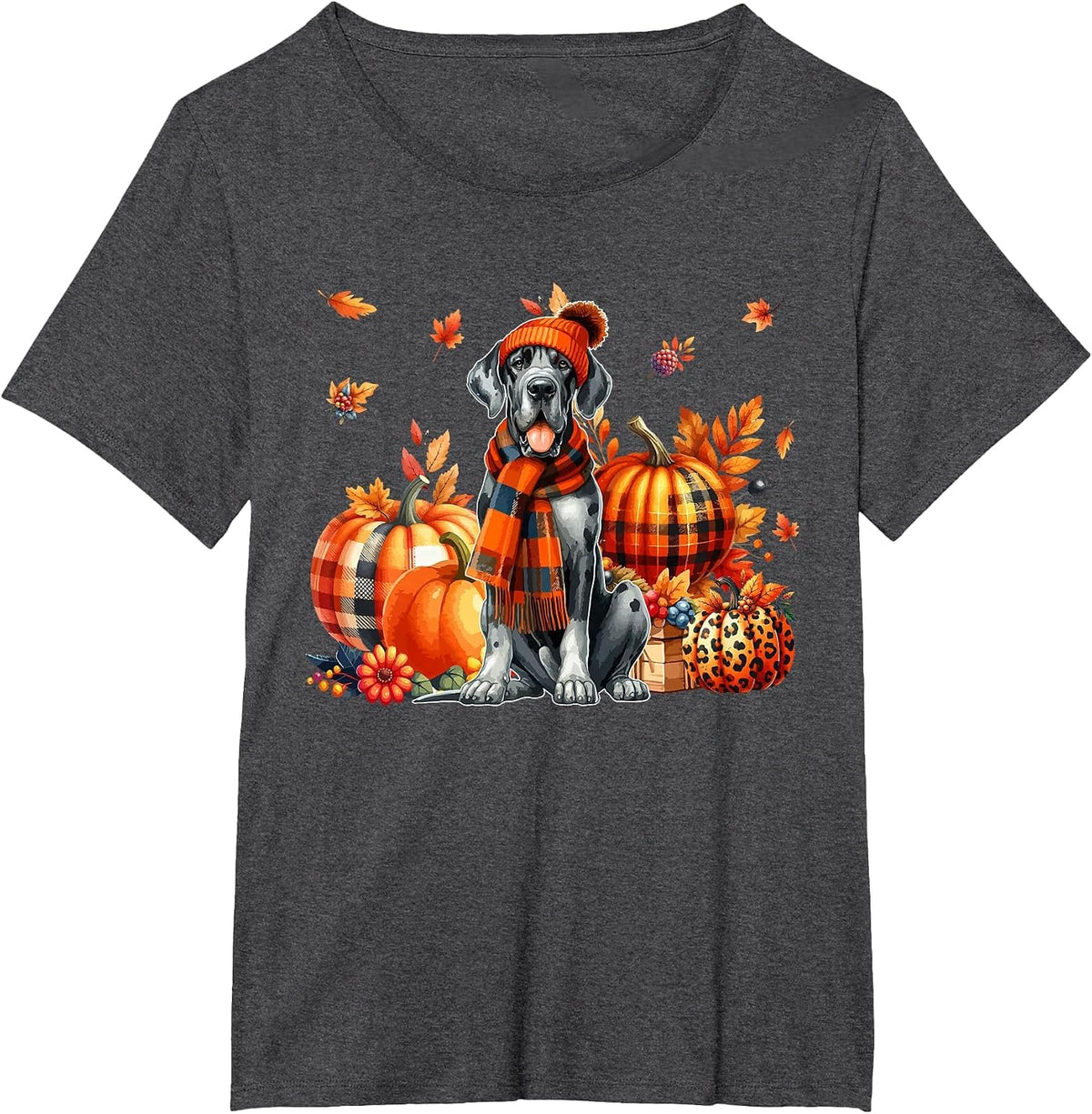 Great Dane Thanksgiving Leopard Pumpkins Fall Leaves Lover T-Shirt - Dark Heather Grey