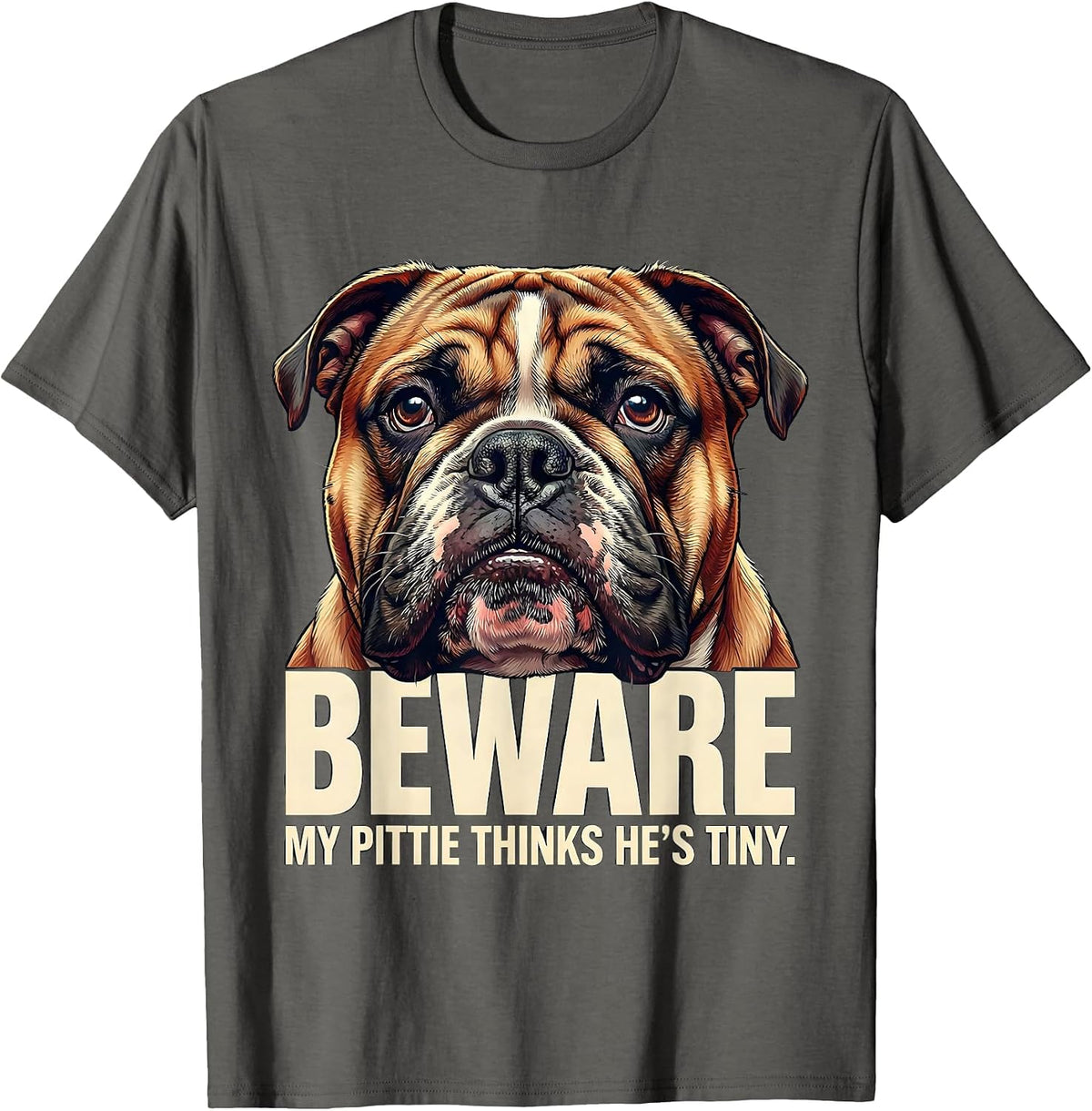 Men's Beware, My Pittie Thinks He's Tiny Funny Pitbull Dog Mom T-Shirt - Asphalt Grey
