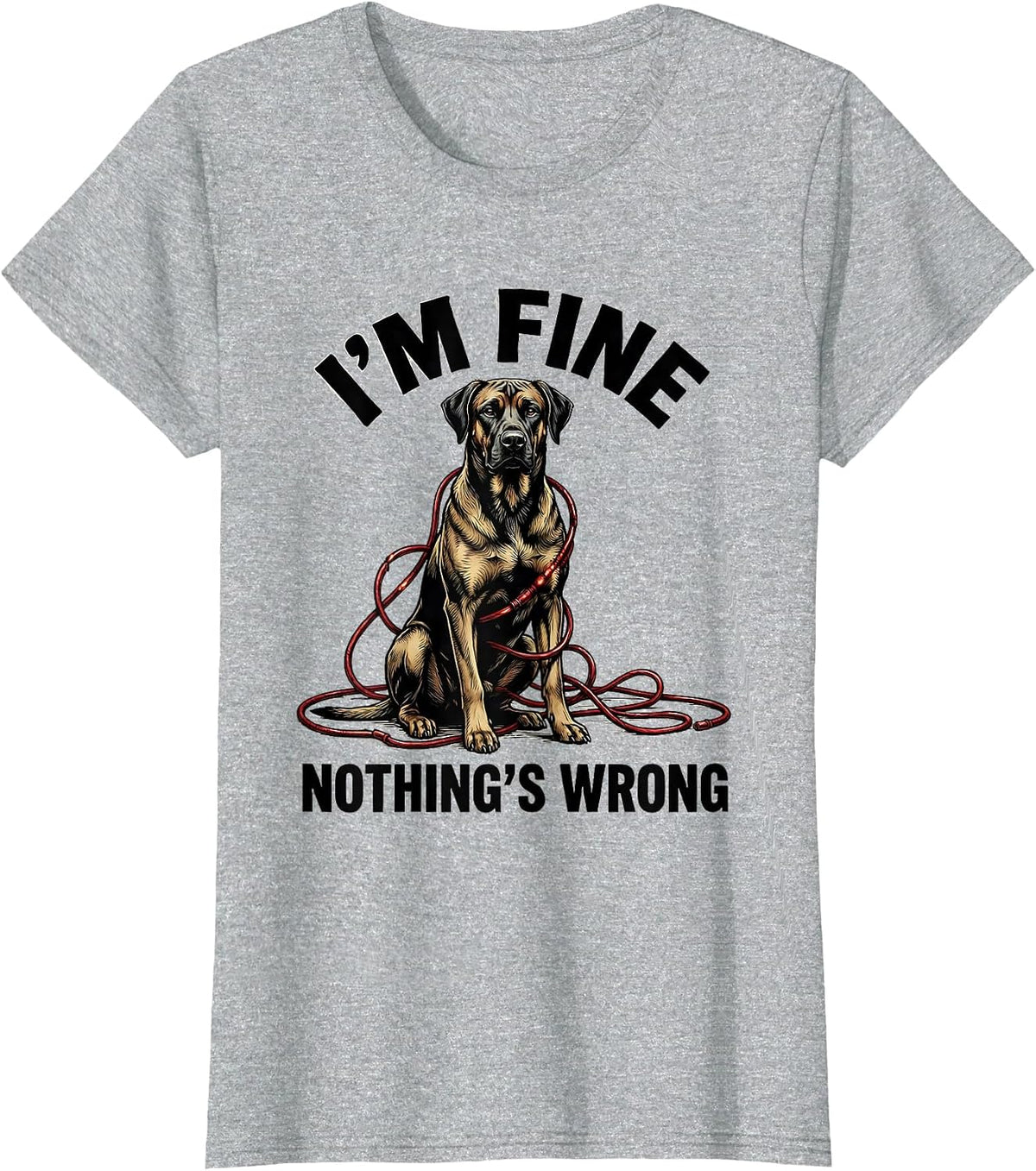 Women's I'm Fine Nothing's Wrong Rhodesian Ridgeback Christmas Humor T-Shirt - Heather Grey