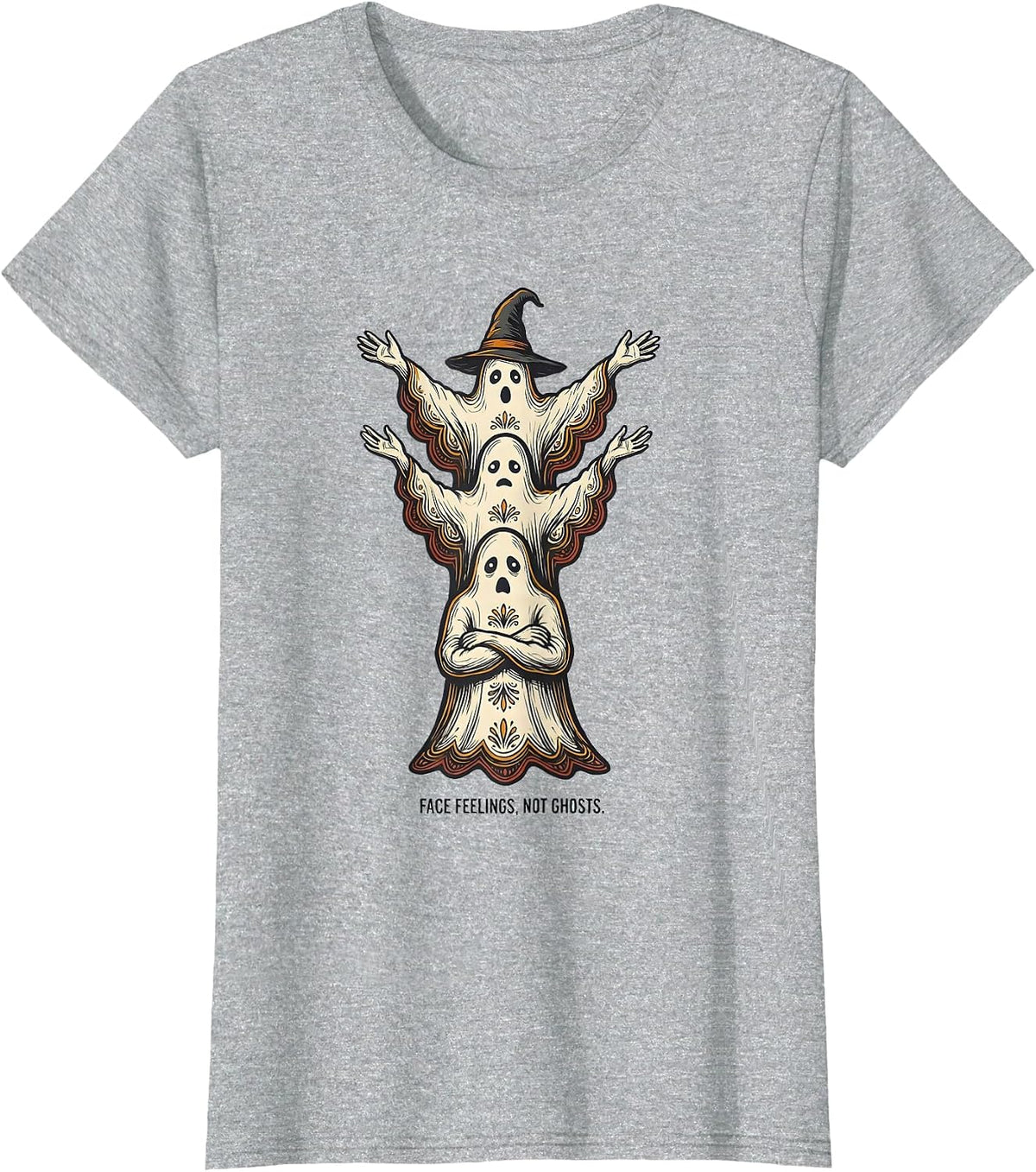Face Feelings, Not Ghosts Folk Art Halloween Mental Health T-Shirt - Heather Grey