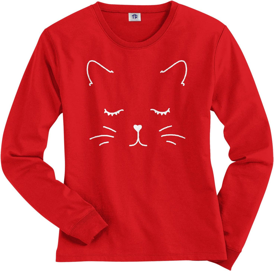 Threadrock Women's White Kitty Cat Face Long Sleeve T-Shirt - Red