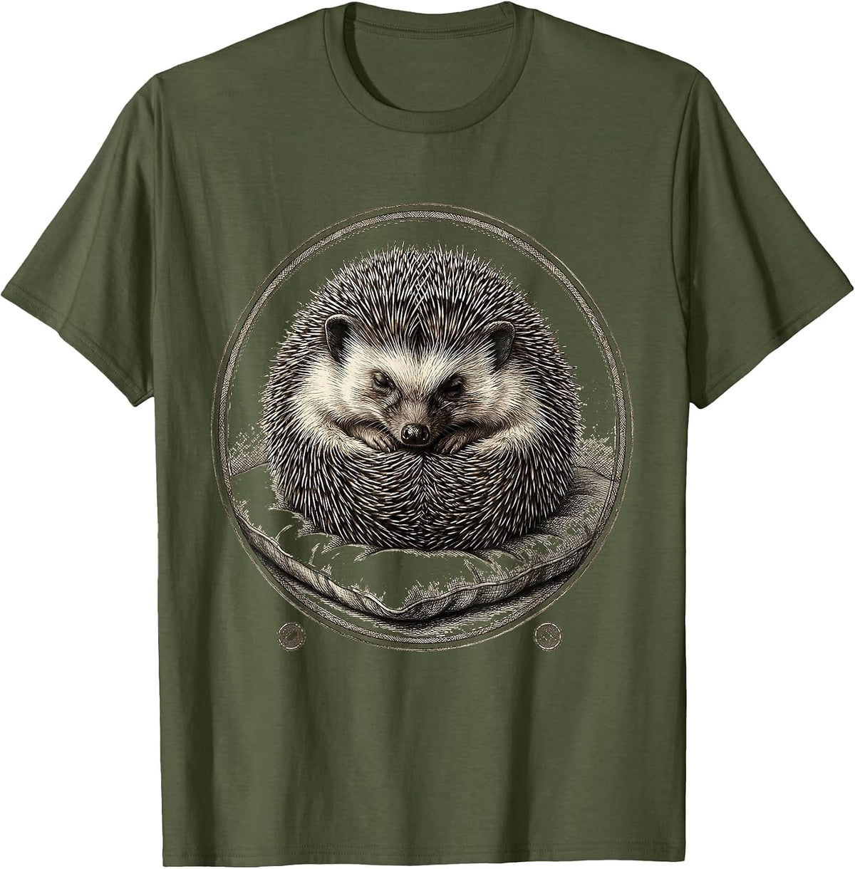 Sleeping Hedgehog Crosshatch Etching Animal Lover Gift T-Shirt - Olive Green