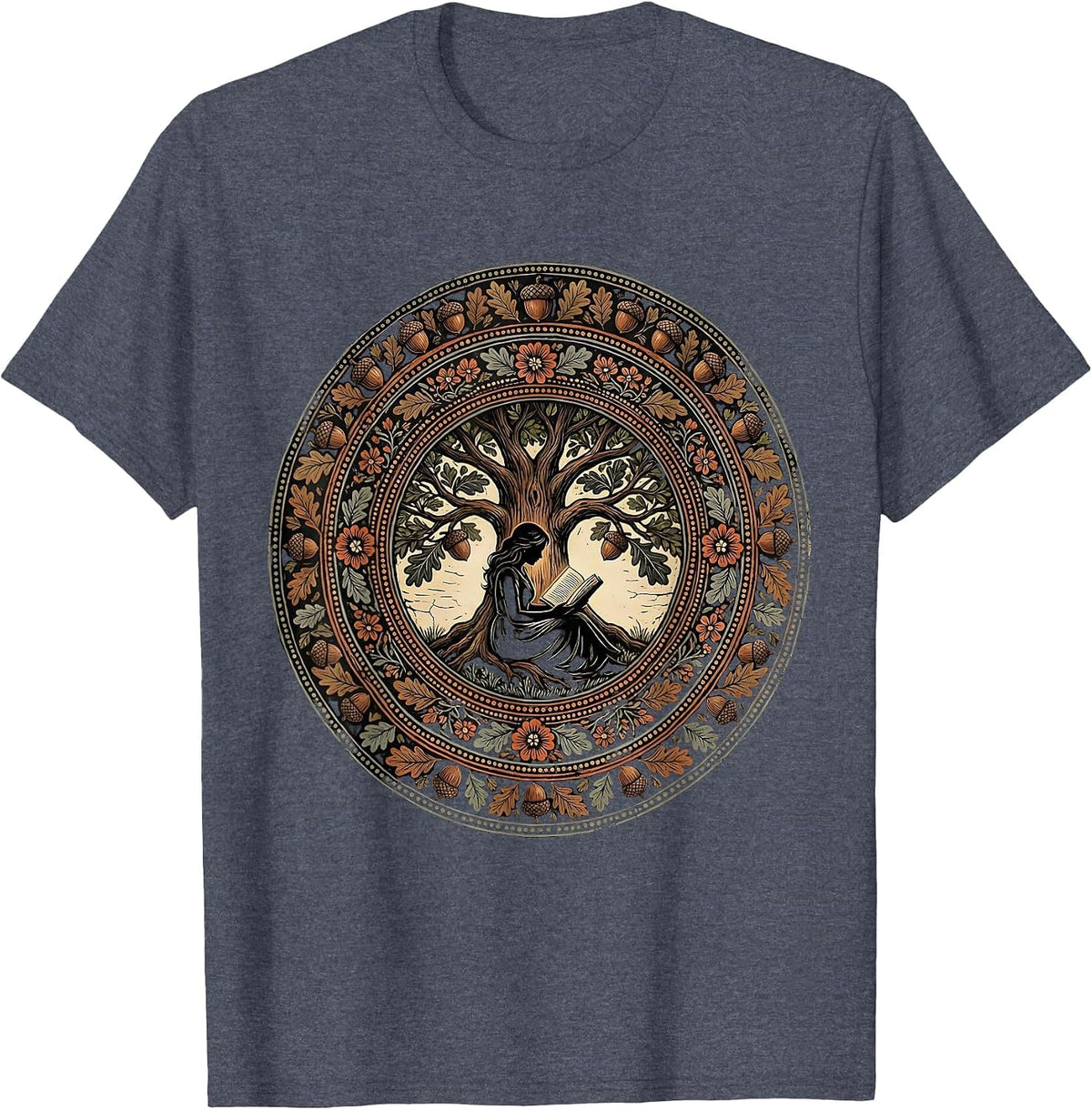 Reading Under the Oak Tree Illustration T-Shirt - Heather Blue