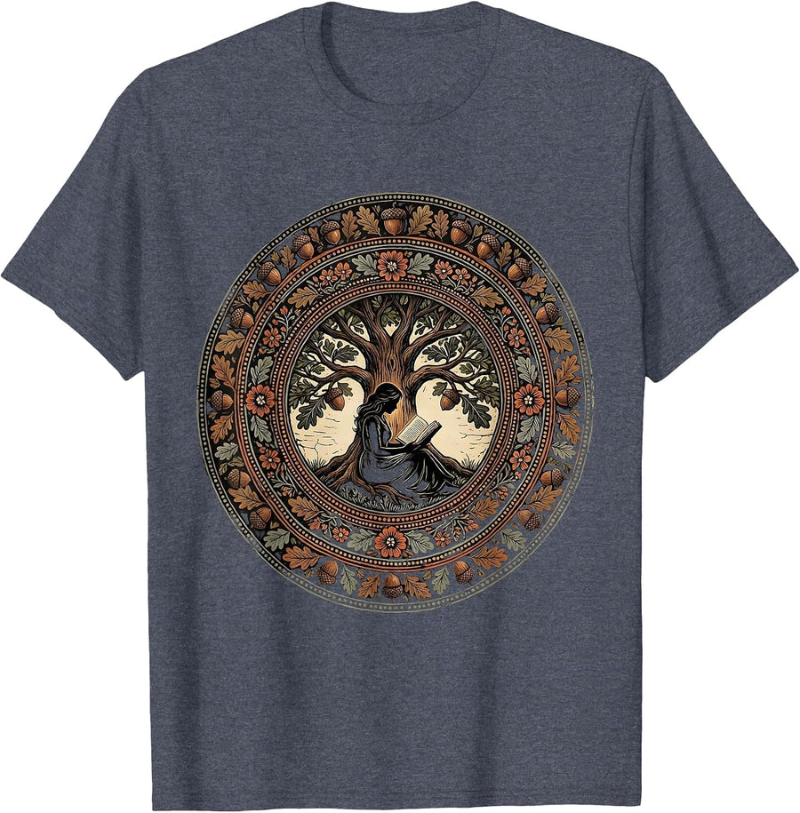 Reading Under the Oak Tree Illustration T-Shirt - Heather Blue