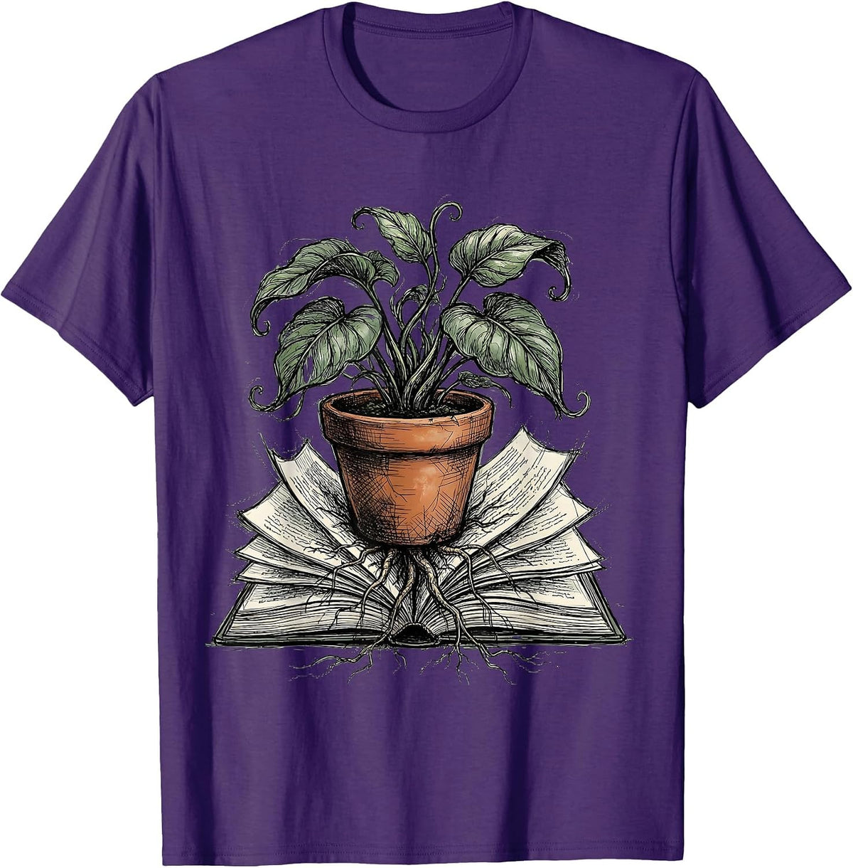Men's Potted Plant Growing From Open Book Illustration T-Shirt - Purple