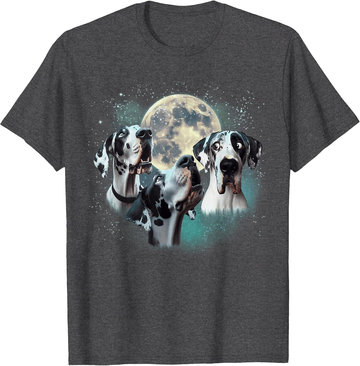 Funny Three Dog Moon, 3 Harlequin Great Dane, Weird Meme T-Shirt - Dark Heather Grey