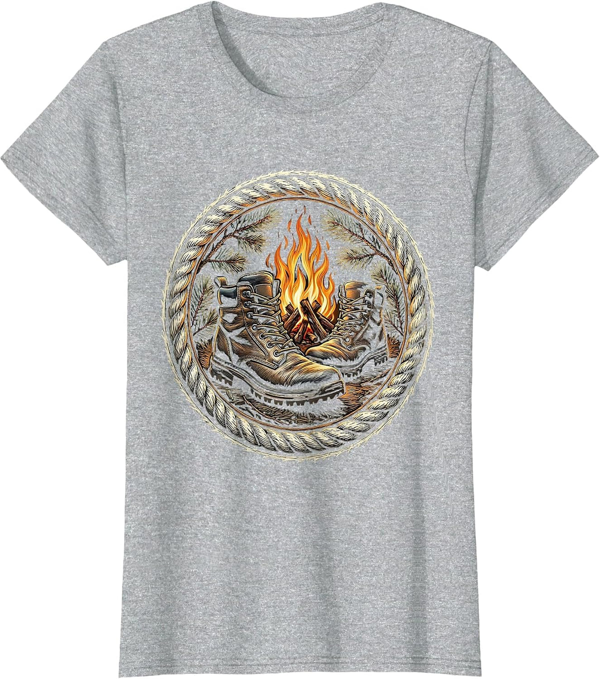 Women's Hunting Boots Campfire Illustration Hunting Design T-Shirt - Heather Grey