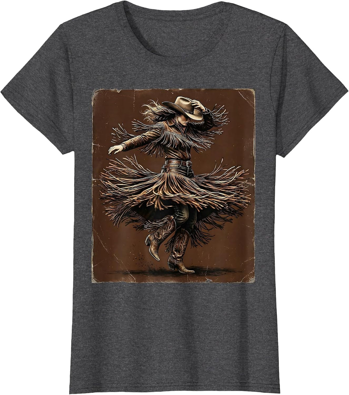 Women's Cowgirl Rodeo Spin Flying Fringe Graphic Tee T-Shirt - Dark Heather Grey