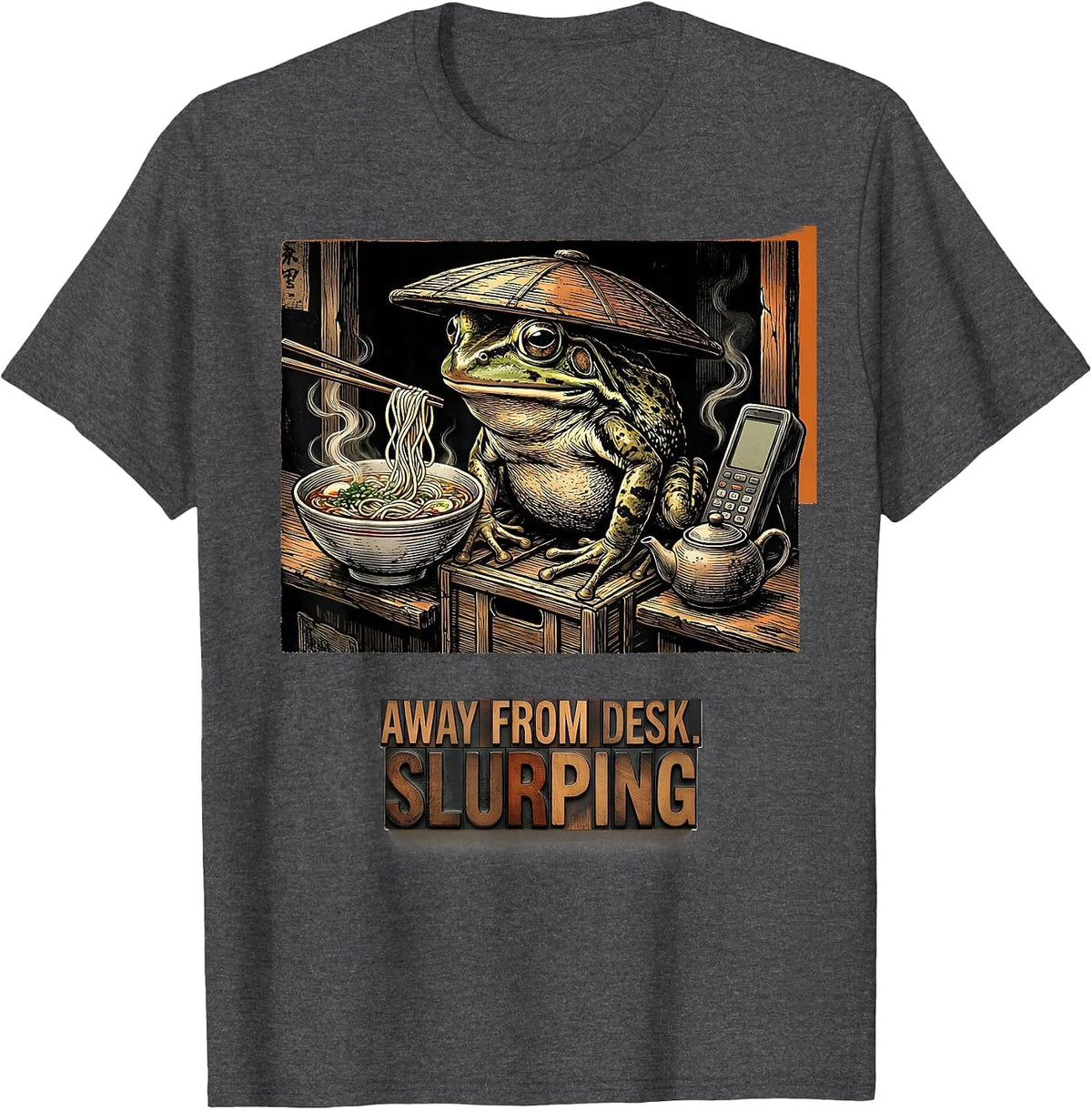 Away From Desk Slurping Funny Grumpy Frog Ramen Phone Scroll T-Shirt - Dark Heather Grey