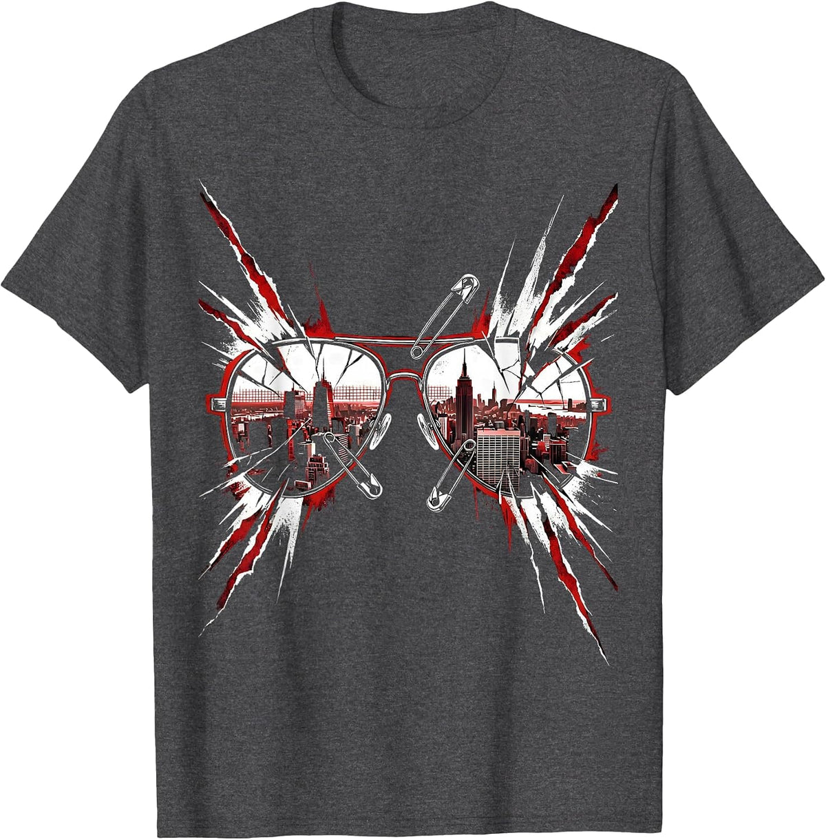 Men's Retro Synthwave Cityscape Reflective Sunglasses T-Shirt - Dark Heather Grey