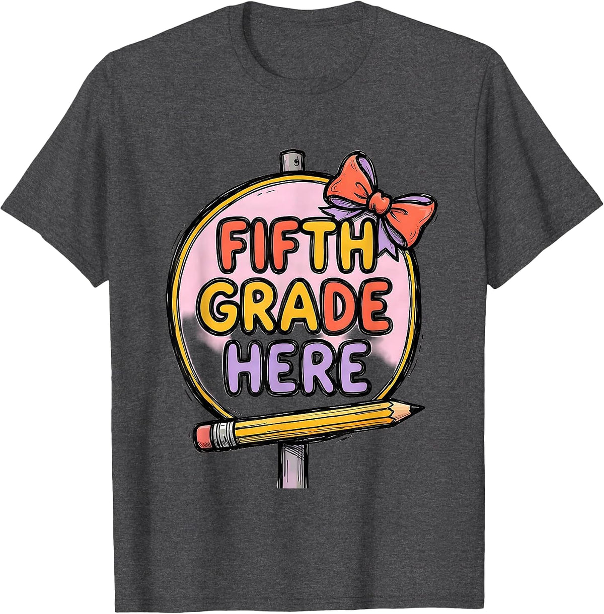 Men's Fifth Grade Here Coquette Bow Back to School Pencil Humor T-Shirt - Dark Heather Grey